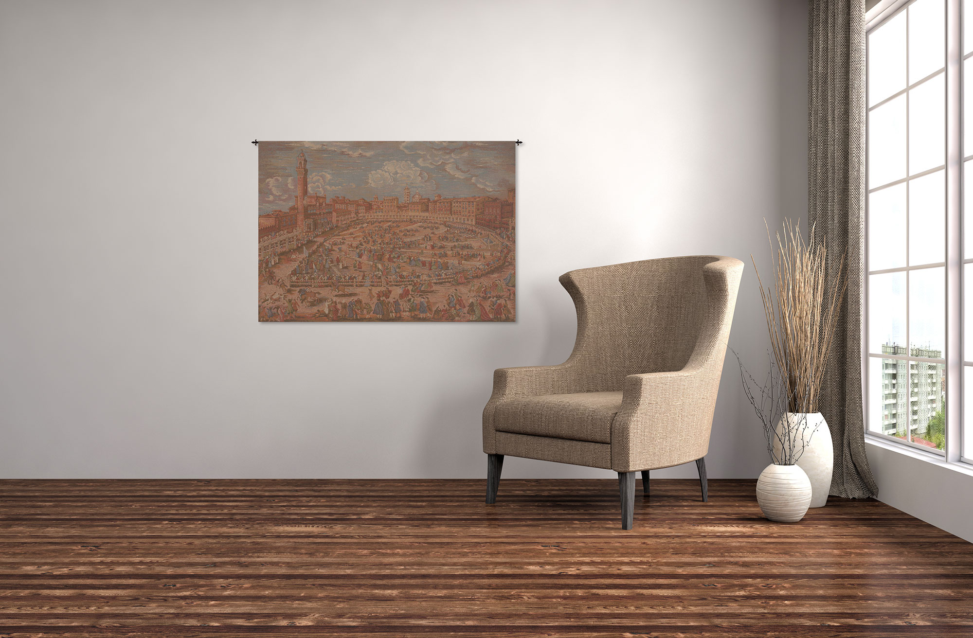 Siena Town Square Tapestry Wall Hanging 16 x 25 in Italian Tuscany Cityscape Jacquard Woven Wall Art European Decor