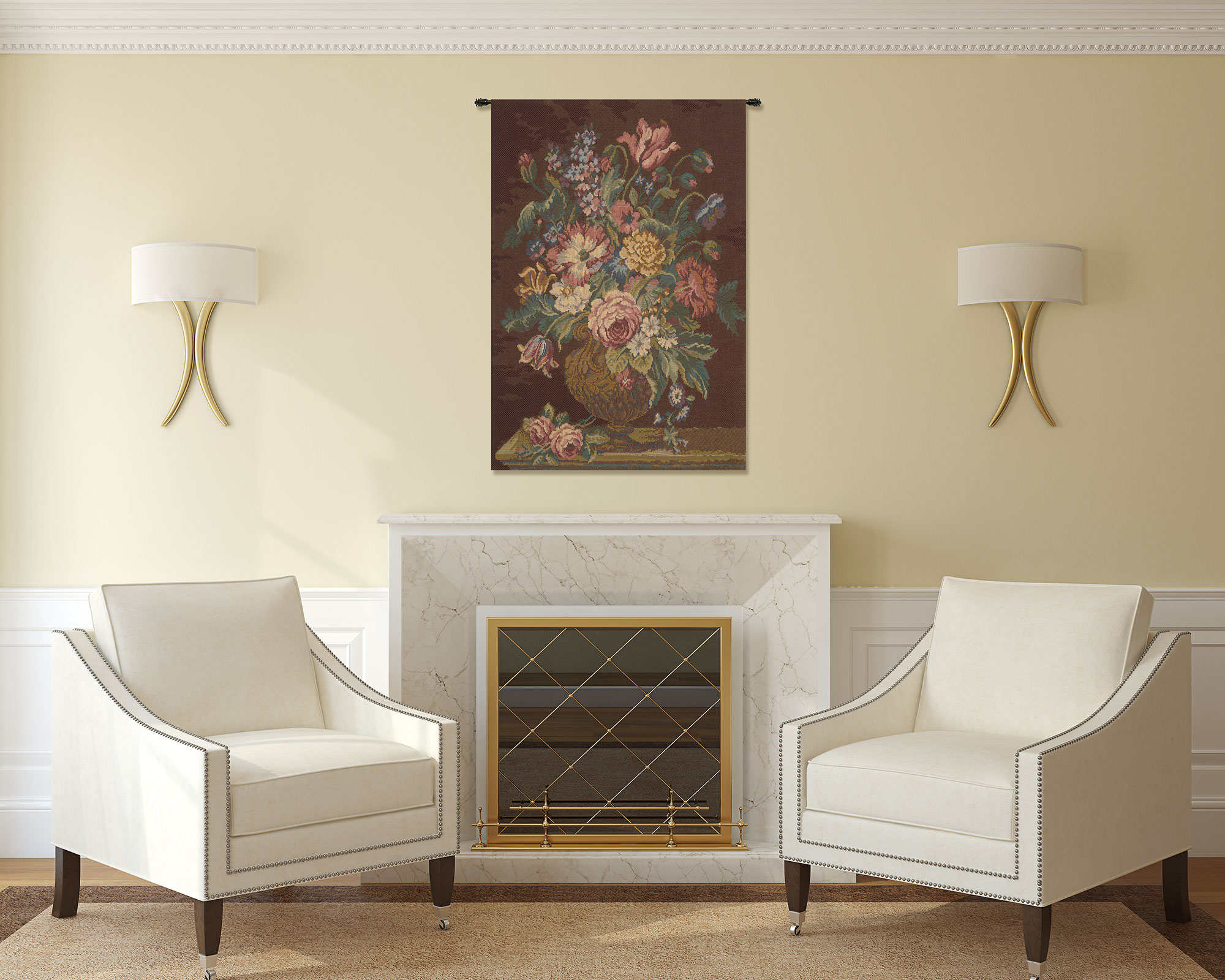 Vase with Flowers Brown Italian Tapestry Wall Hanging 26x18 Inch Cotton Jacquard Woven Wall Tapestry