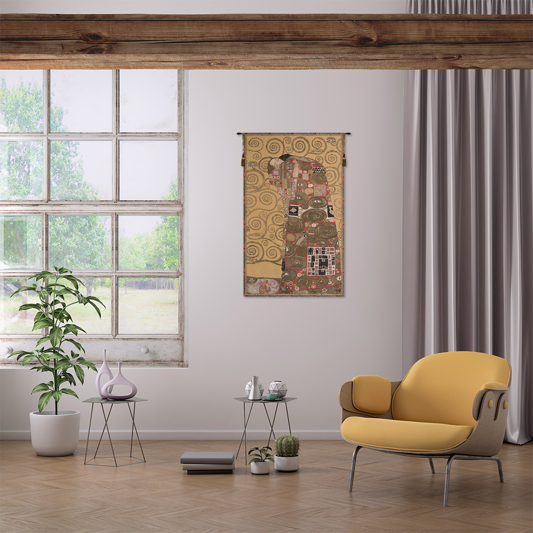 Gustav Klimt Accomplissement Vintage Tapestry Wall Hanging 29 x 18 in Art Nouveau Romantic Couple Jacquard Woven Wall Art