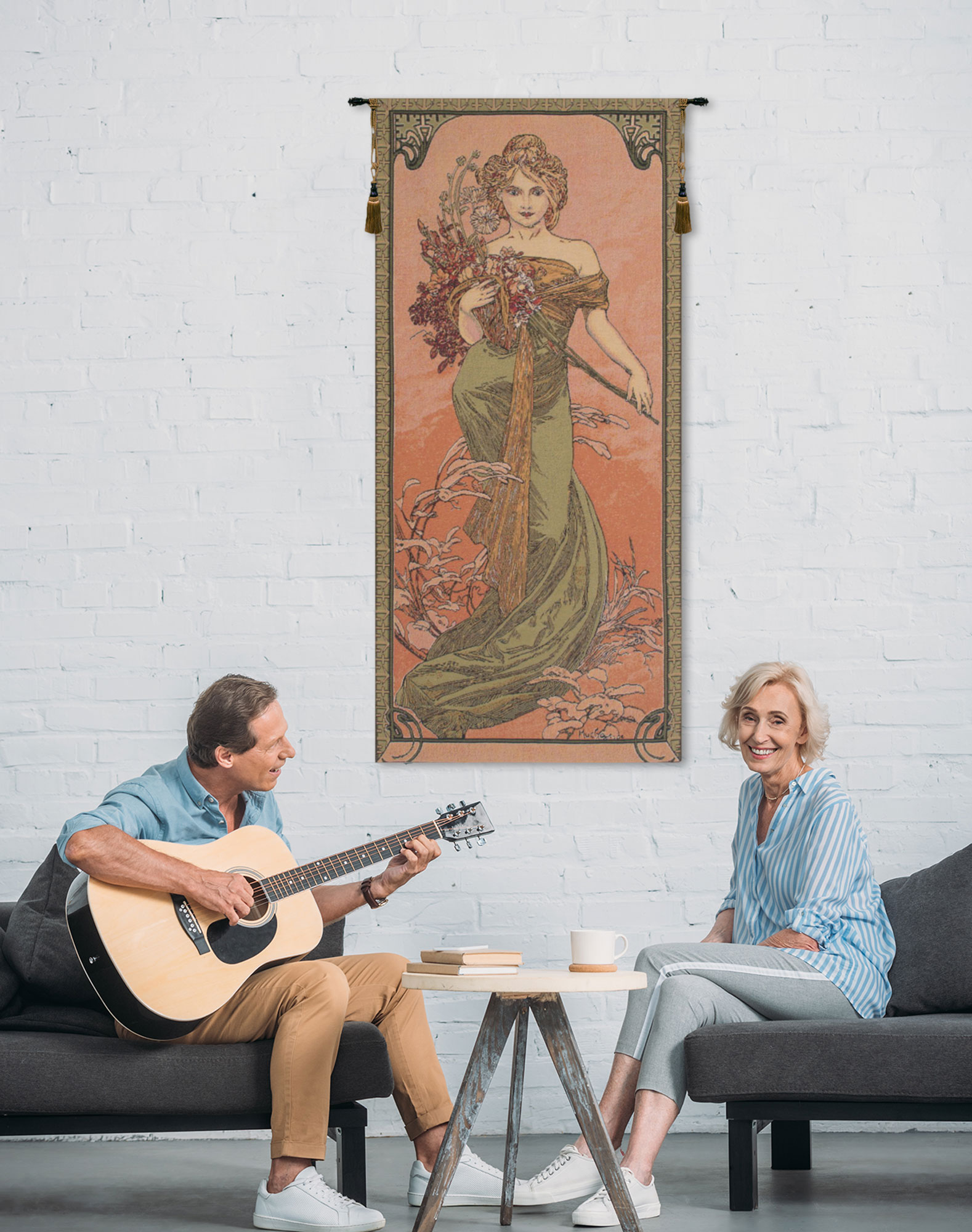 Alphonse Mucha Spring Tapestry Wall Hanging 39 x 18 in Art Nouveau Seasonal Woman Floral Jacquard Woven Wall Art