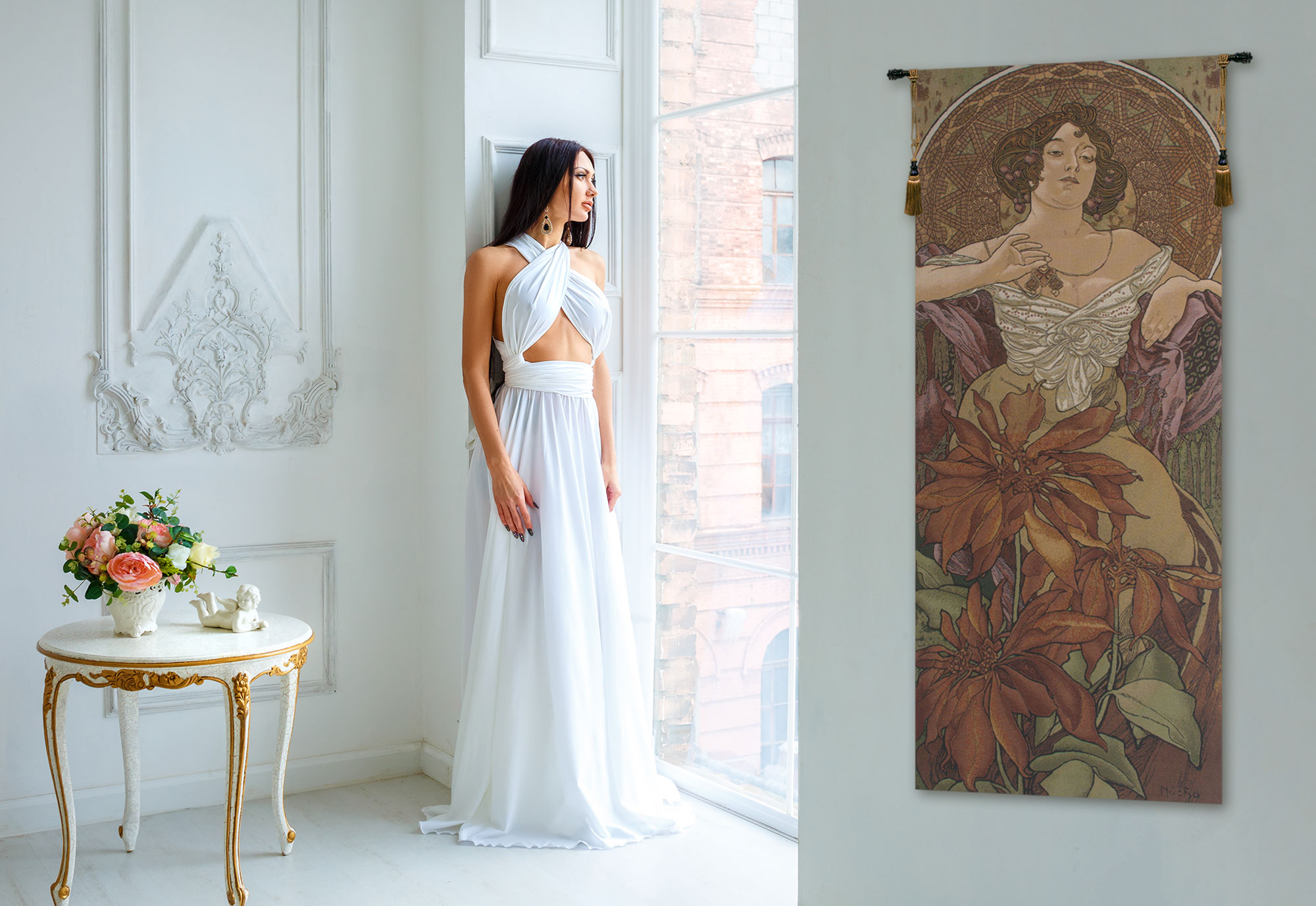 Alphonse Mucha Mucha Rubis Tapestry Wall Hanging 42 x 19 in Art Nouveau Woman Ruby Gemstone Jacquard Woven Wall Art