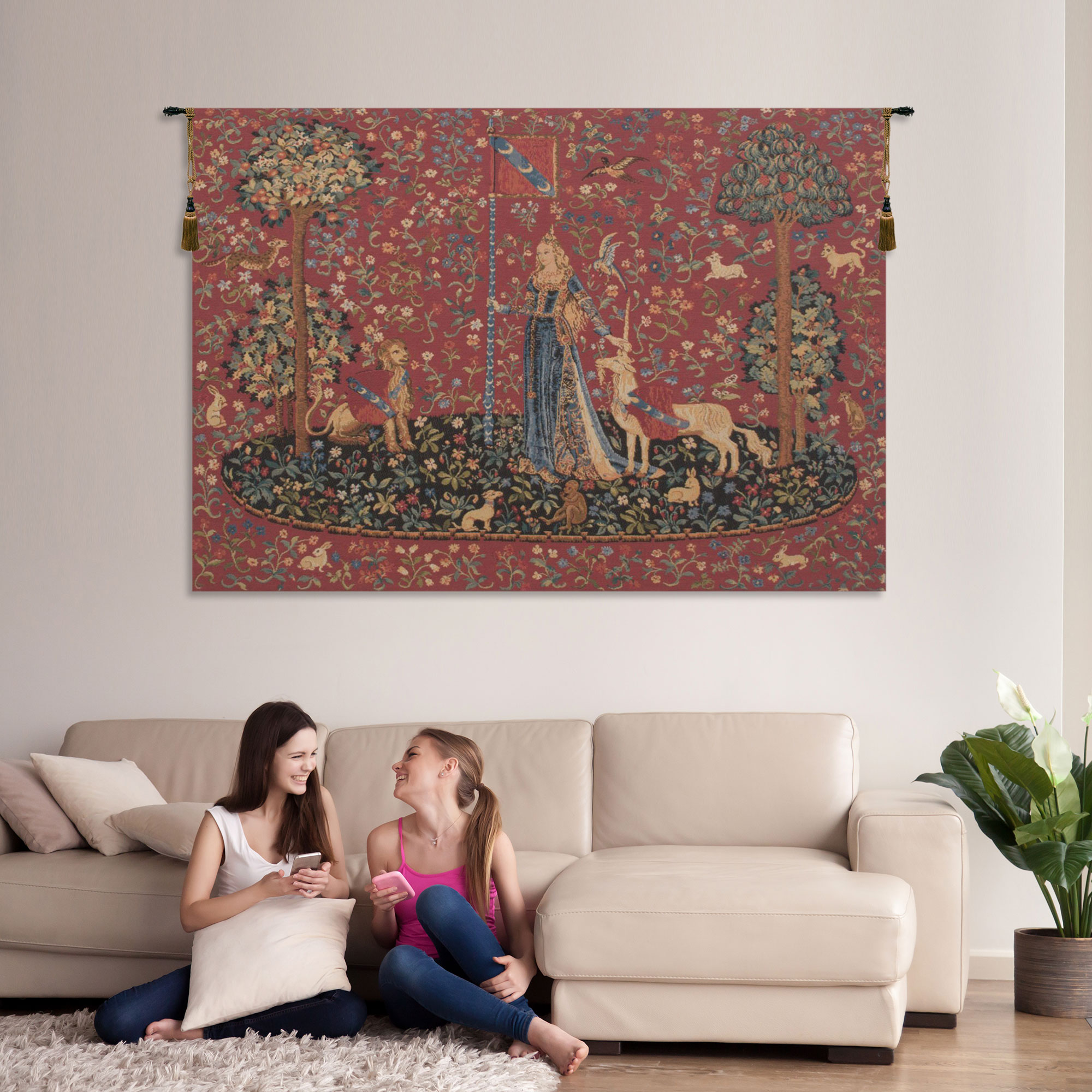 Medieval Touch Toucher Vintage Tapestry Wall Hanging 28 x 36 in Lady and Unicorn Five Senses Jacquard Woven Wall Art
