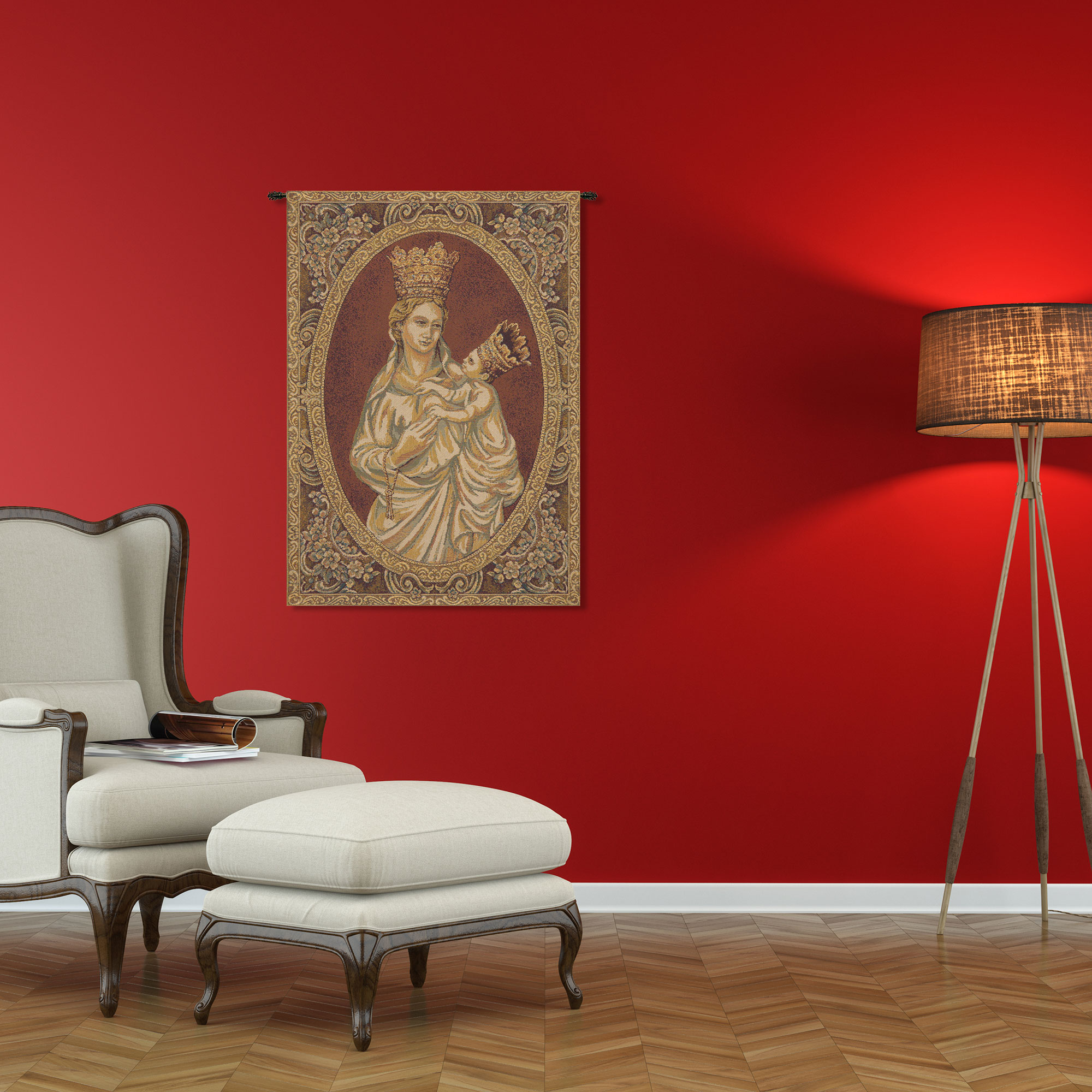 Nino Pisano Madonna from Trapani Religious Tapestry Wall Hanging 24 x 18 in Christian Jacquard Woven Art