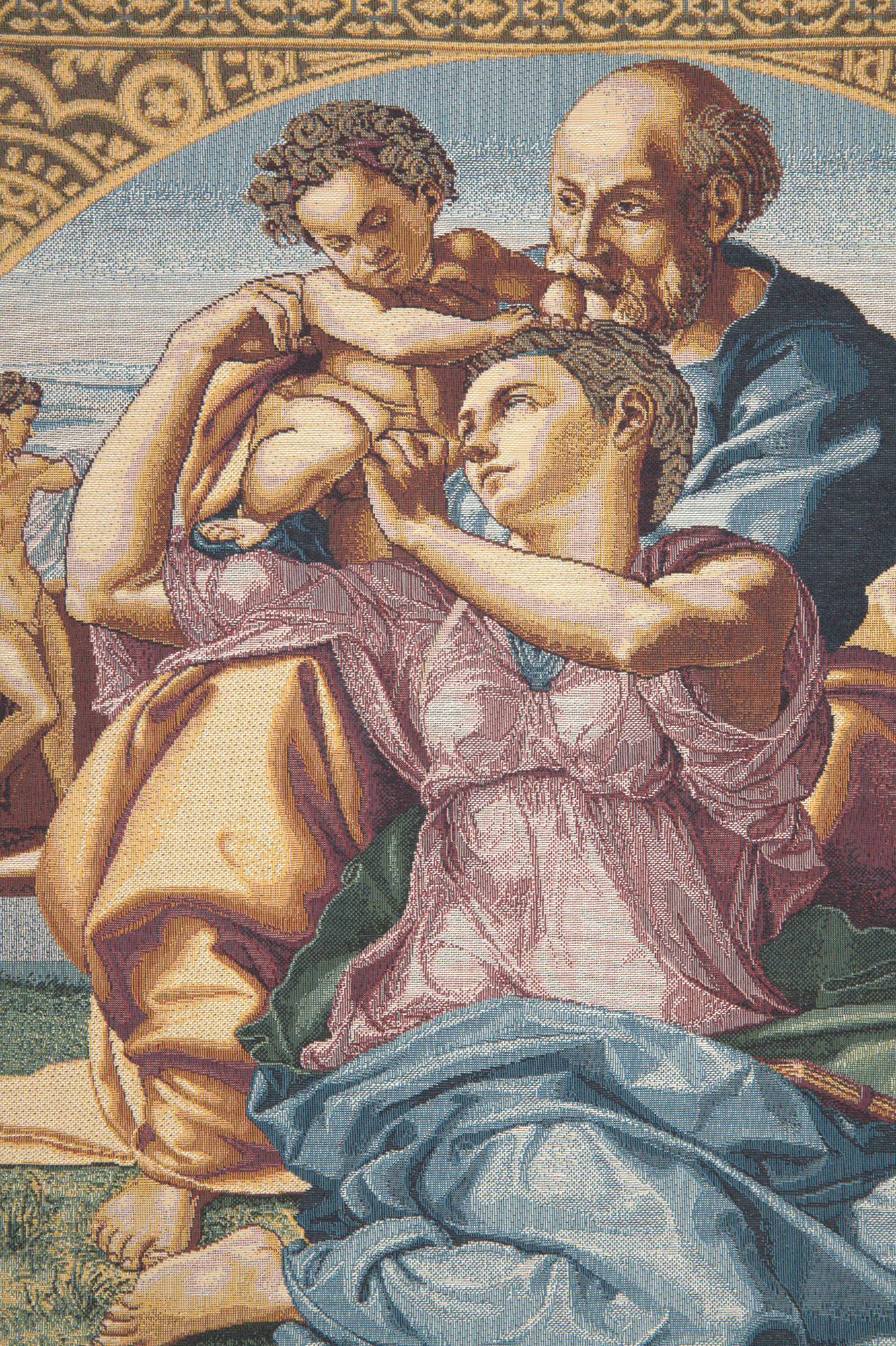 Michelangelo The Holy Family Vintage Tapestry Wall Hanging 24 x 24 in Renaissance Religious Jacquard Woven Art