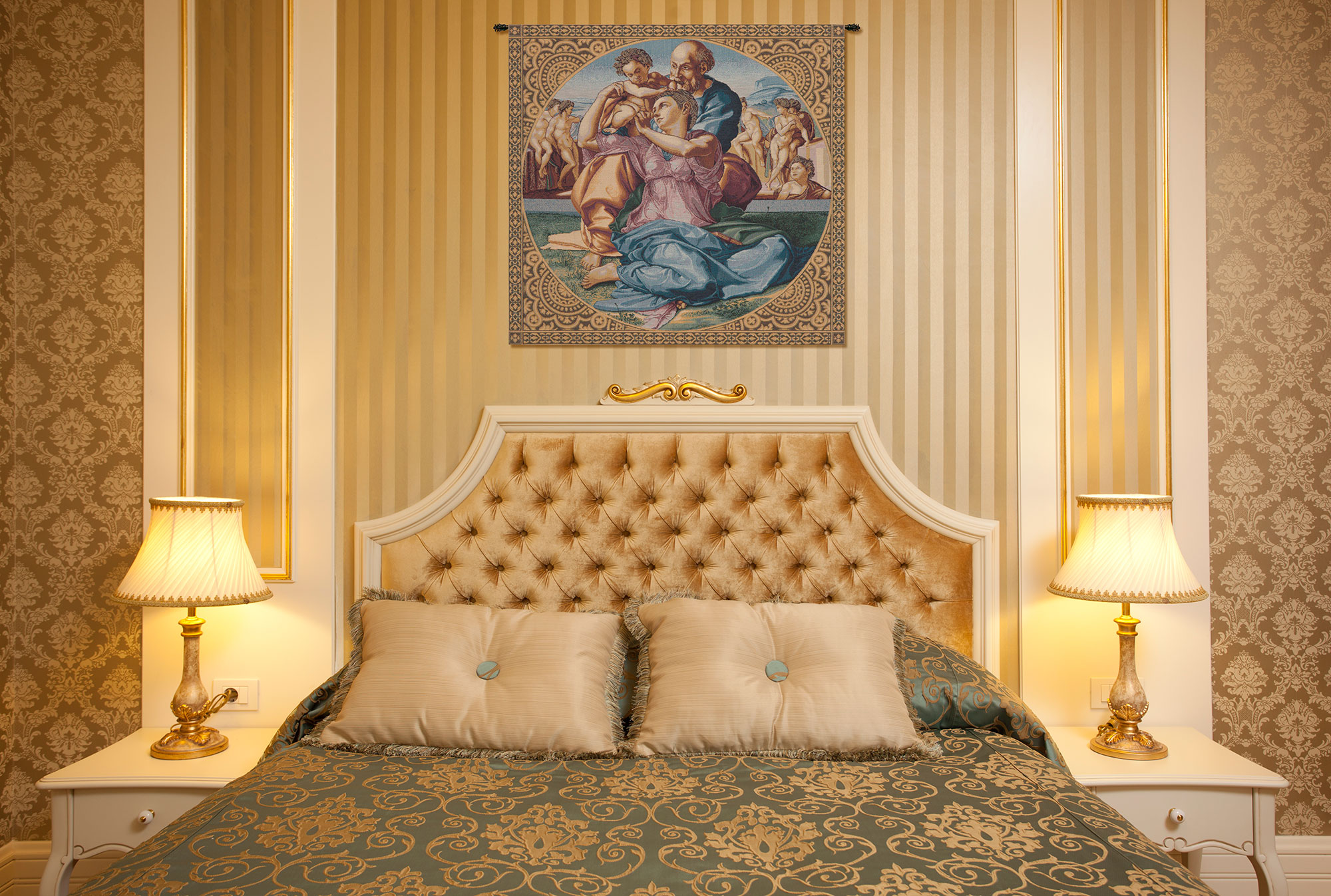 Michelangelo The Holy Family Vintage Tapestry Wall Hanging 24 x 24 in Renaissance Religious Jacquard Woven Art