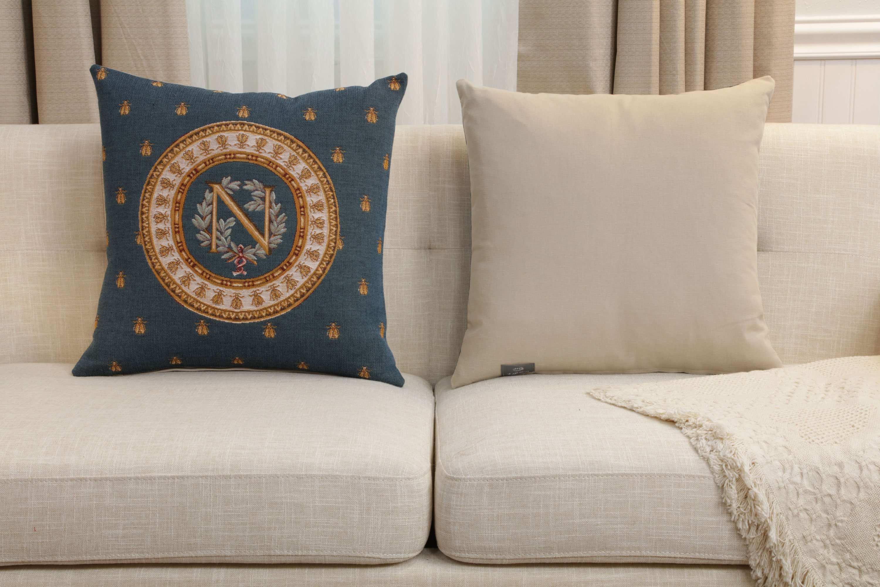 French Decorative Blue Tapestry Pillow Cover 18x18 Inch Cotton Jacquard Woven Cushion Cover