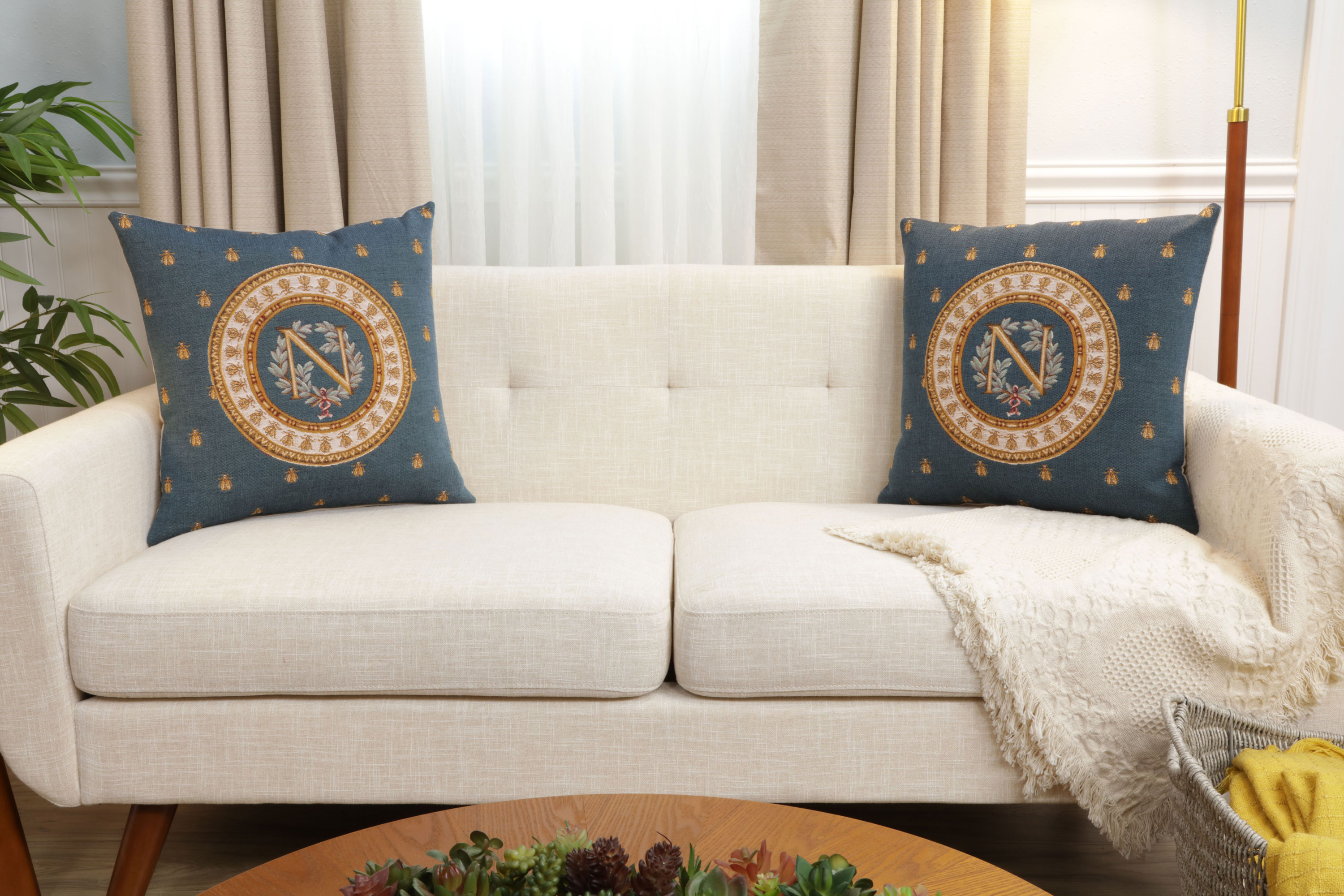 French Decorative Blue Tapestry Pillow Cover 18x18 Inch Cotton Jacquard Woven Cushion Cover
