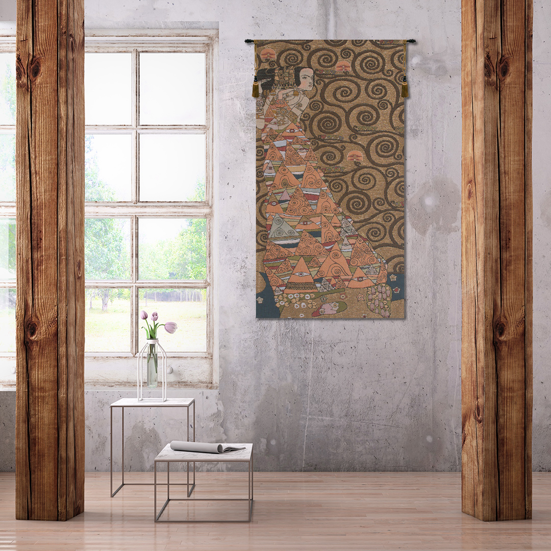 Gustav Klimt L'Attente a Gauche Vintage Tapestry Wall Hanging 38 x 18 in Art Nouveau Jacquard Woven Decor