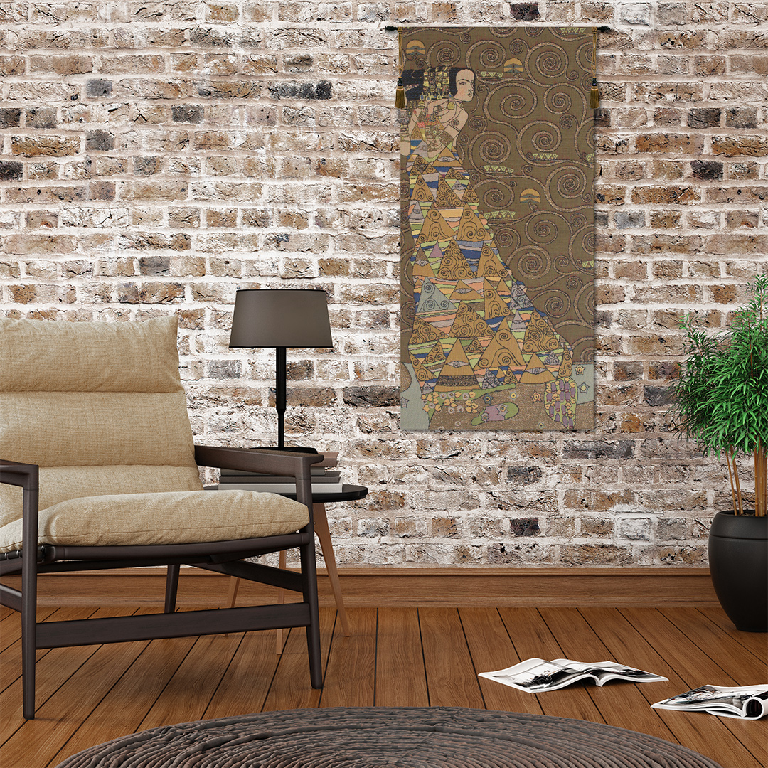 L'Attente Klimt a Gauche Fonce French Wall Tapestry 38x18 Art Nouveau Jacquard Woven Gustav Klimt Decor
