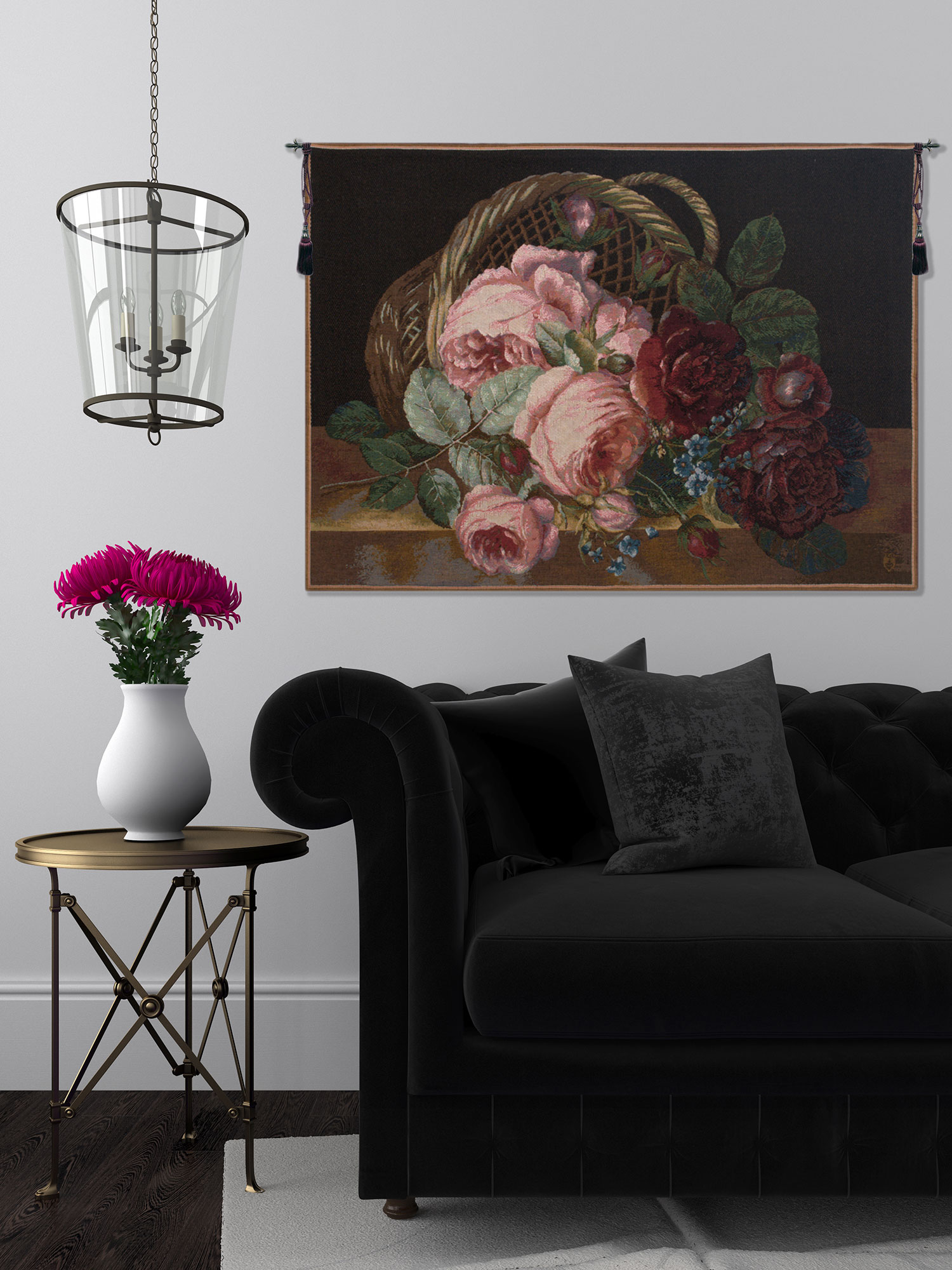 Silk Basket of Flowers Black French Tapestry Wall Hanging 28x38 Inch Cotton Jacquard Woven Wall Tapestry