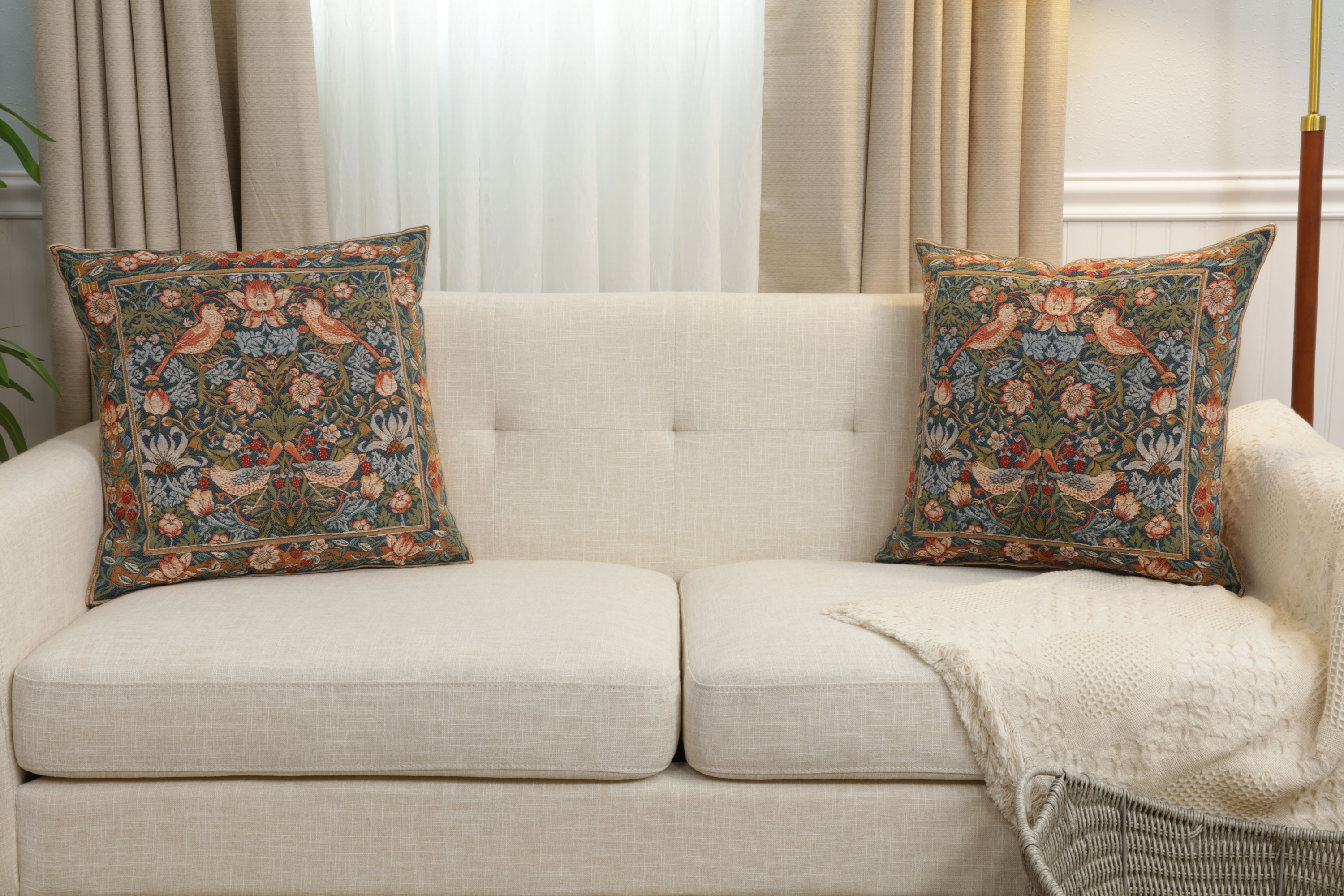 Birds Face to Face Medieval Tapestry Pillow Cover 19x19 inch European Cotton Jacquard Woven Cushion Cover
