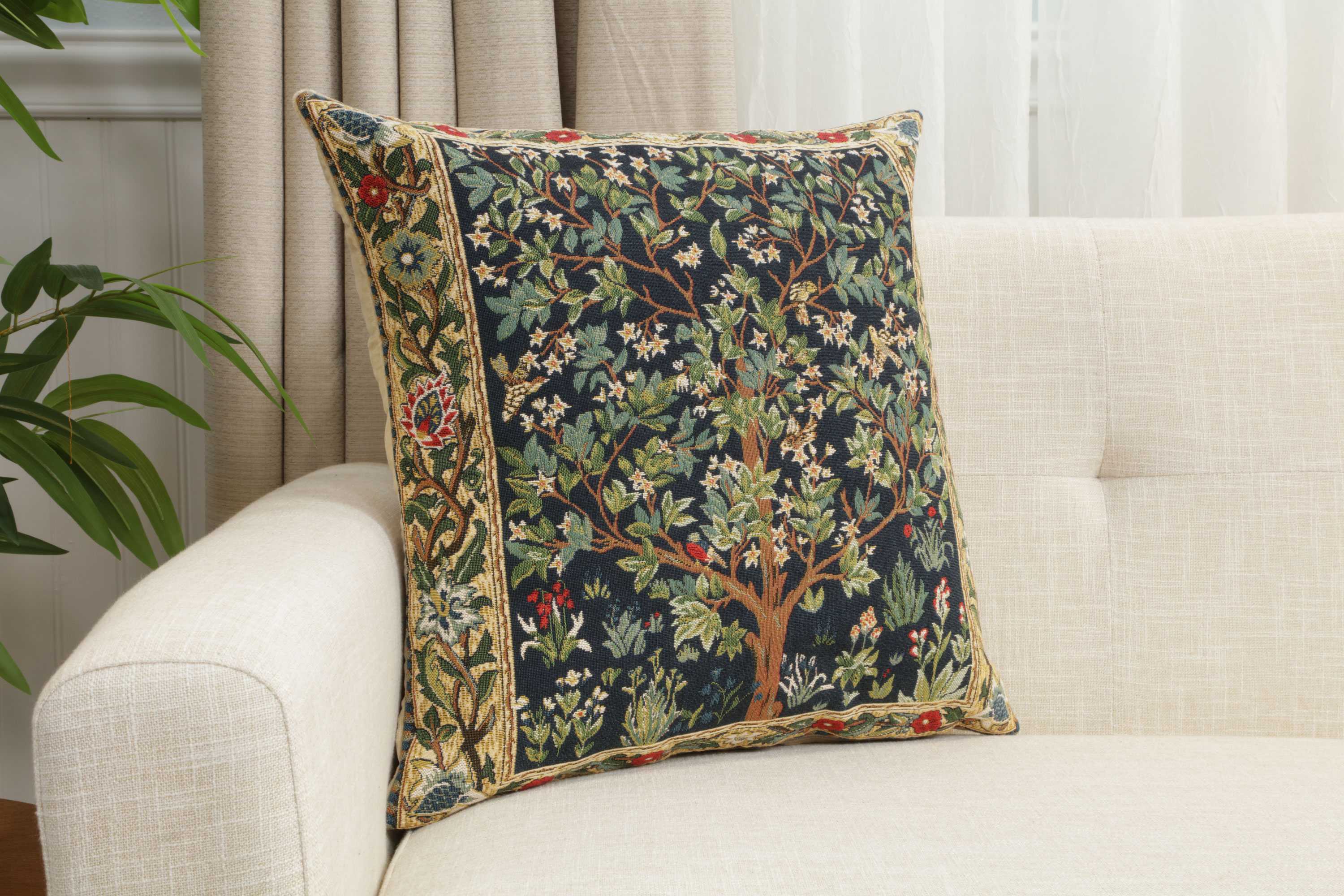 Blue Tree of Life Belgian Tapestry Pillow Cover 18x18 inch 100% Cotton Belgian Jacquard Woven Cushion Cover