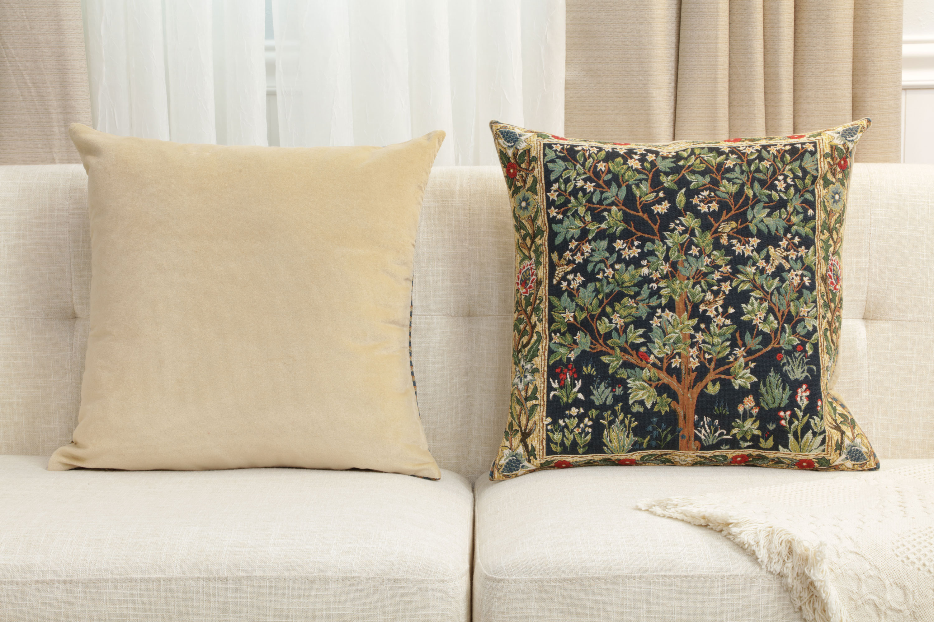Blue Tree of Life Belgian Tapestry Pillow Cover 18x18 inch 100% Cotton Belgian Jacquard Woven Cushion Cover