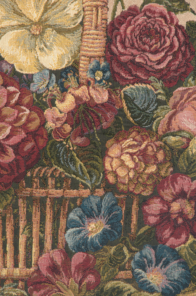 Flower Basket with Cream Chenille Italian Tapestry Wall Hanging 24x42 Inch Cotton Jacquard Woven Wall Tapestry