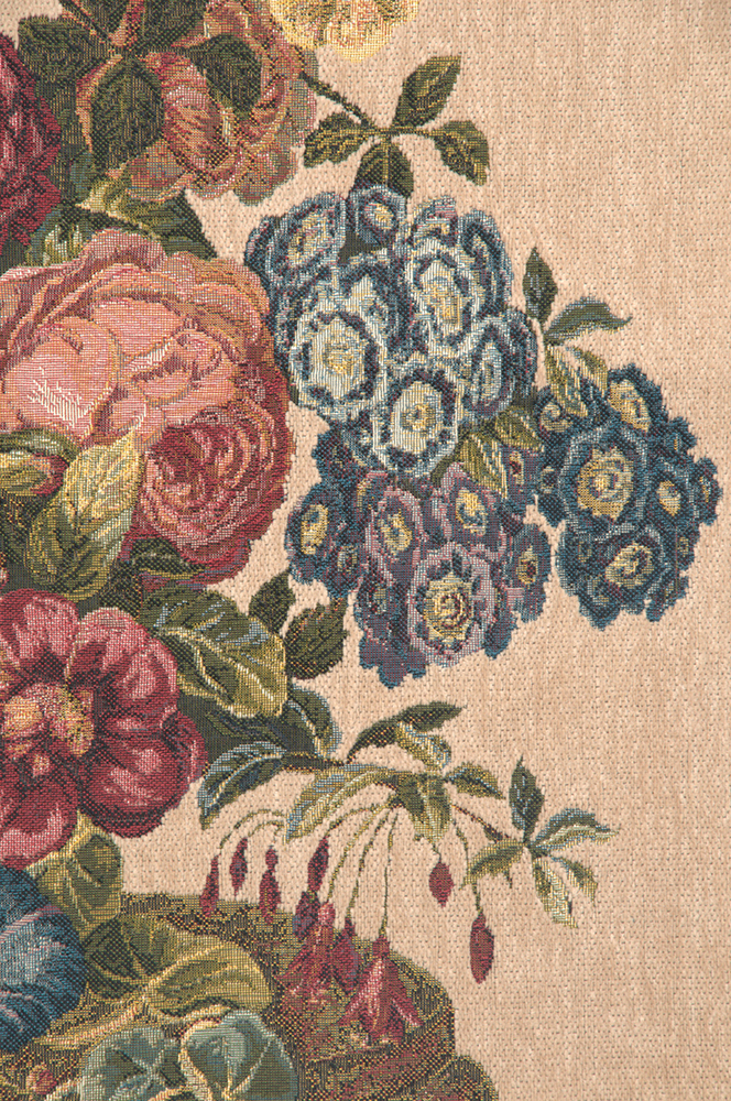 Flower Basket with Cream Chenille Italian Tapestry Wall Hanging 24x42 Inch Cotton Jacquard Woven Wall Tapestry