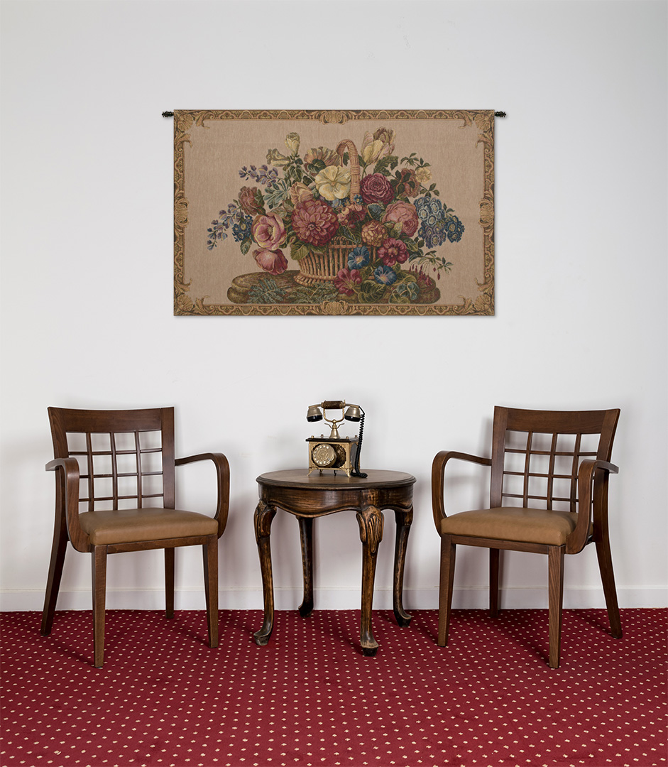 Flower Basket with Cream Chenille Italian Tapestry Wall Hanging 24x42 Inch Cotton Jacquard Woven Wall Tapestry