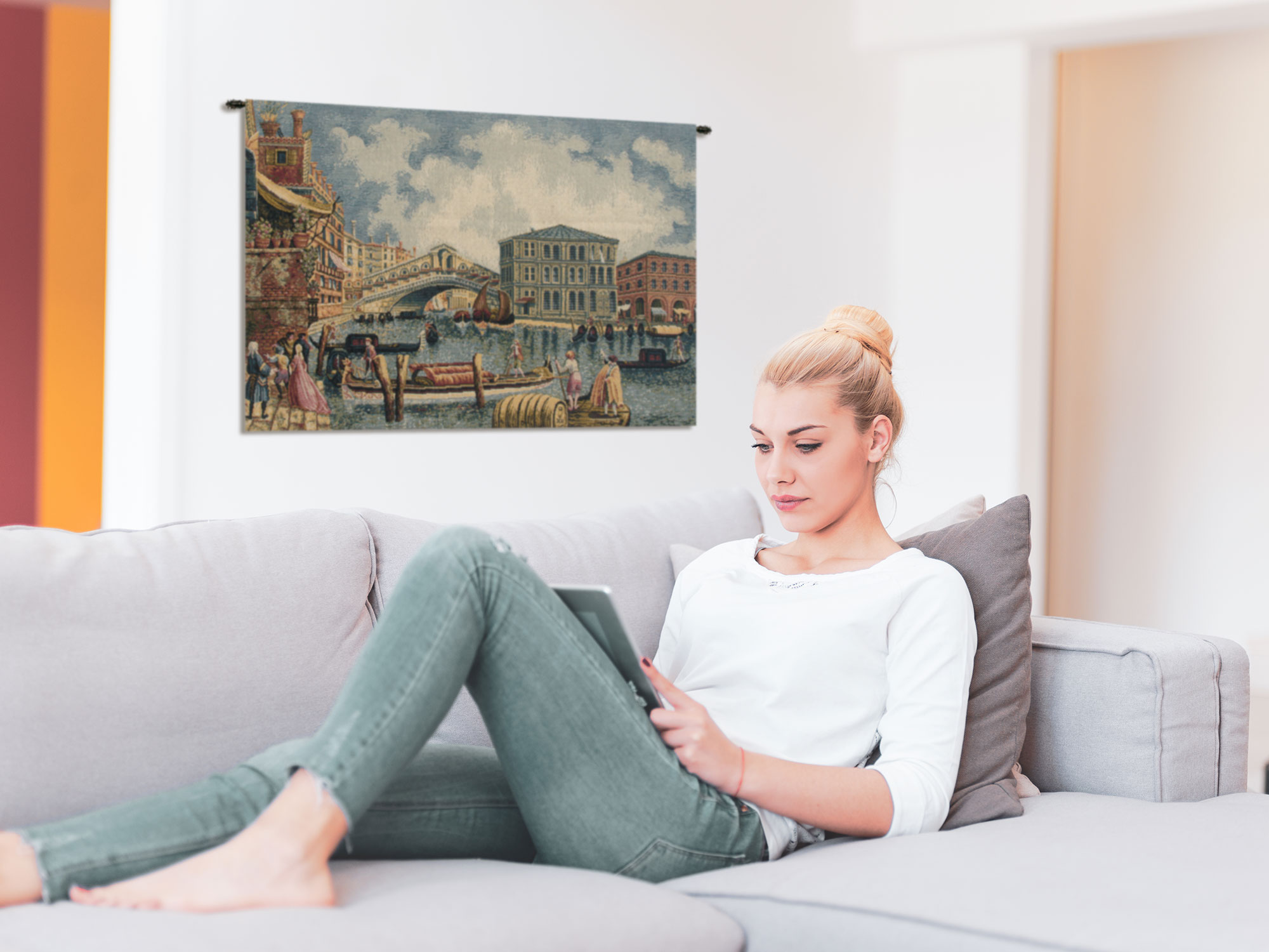 Michele Marieschi Ponte di Rialto Italian Tapestry Wall Hanging 19x12 Inch Cotton Jacquard Woven Wall Tapestry