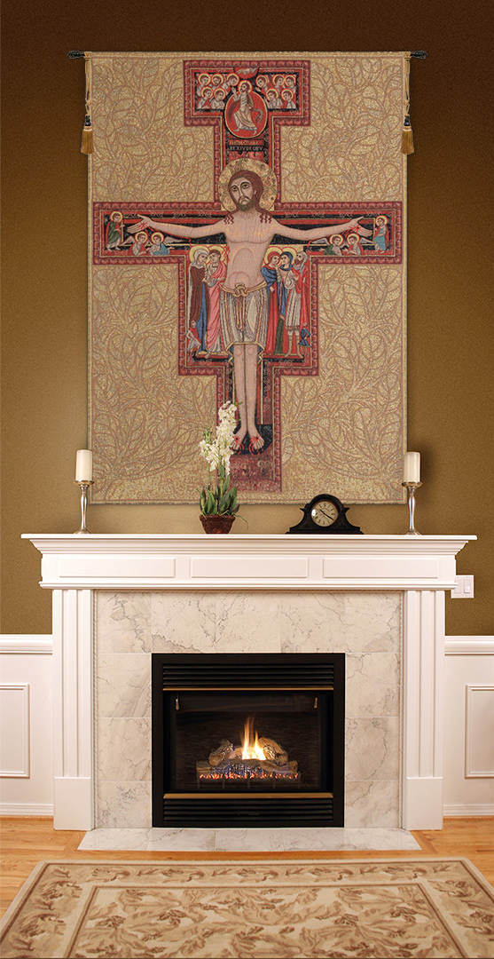 Crucifix Of St. Damian Italian Tapestry Wall Hanging 24 x 16 in Religious Christian Jacquard Woven Wall Art