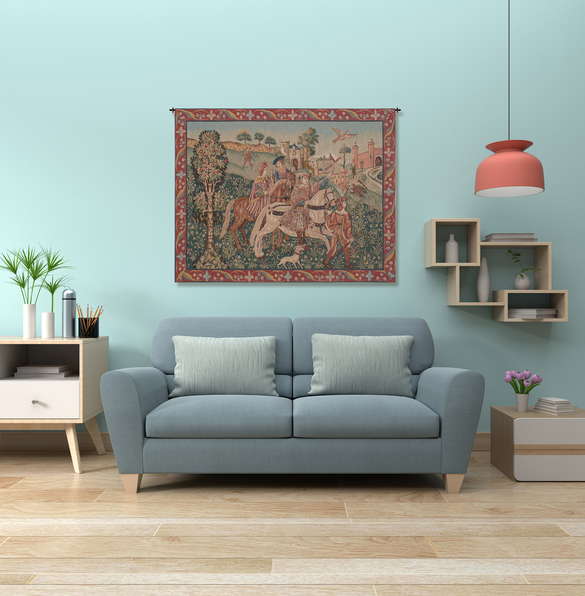 The Hunt European Tapestry Wall Hanging 25 x 32 in Jacquard Woven Medieval Hunting Wall Art