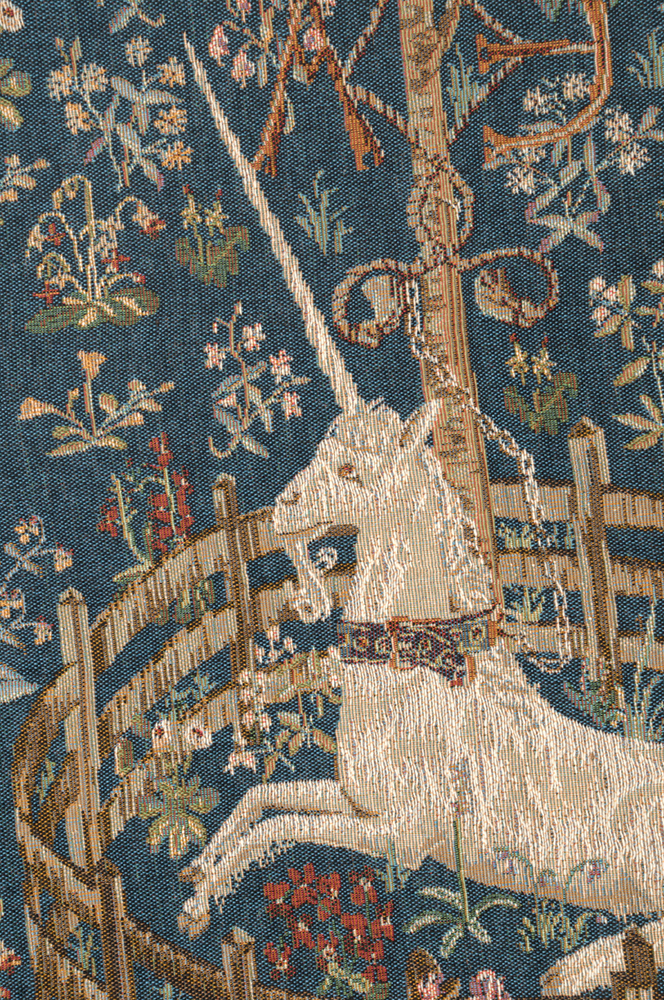 Medieval Licorne Captive Blue Vintage Tapestry Wall Hanging 44 x 34 in Jacquard Woven Unicorn Wall Art
