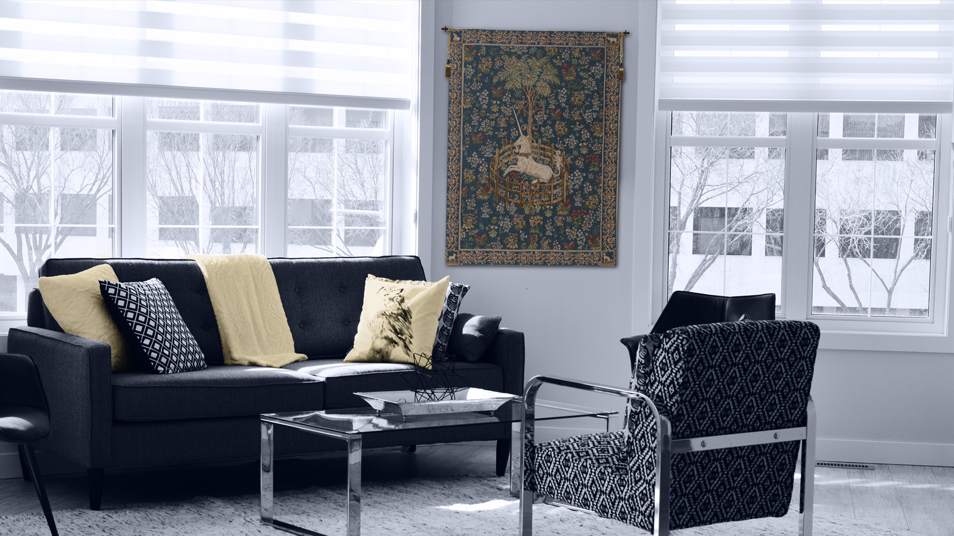 Medieval Licorne Captive Blue Vintage Tapestry Wall Hanging 44 x 34 in Jacquard Woven Unicorn Wall Art