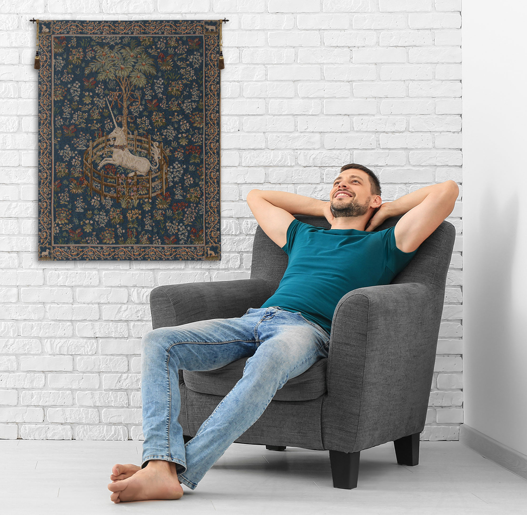 Medieval Licorne Captive Blue Vintage Tapestry Wall Hanging 44 x 34 in Jacquard Woven Unicorn Wall Art