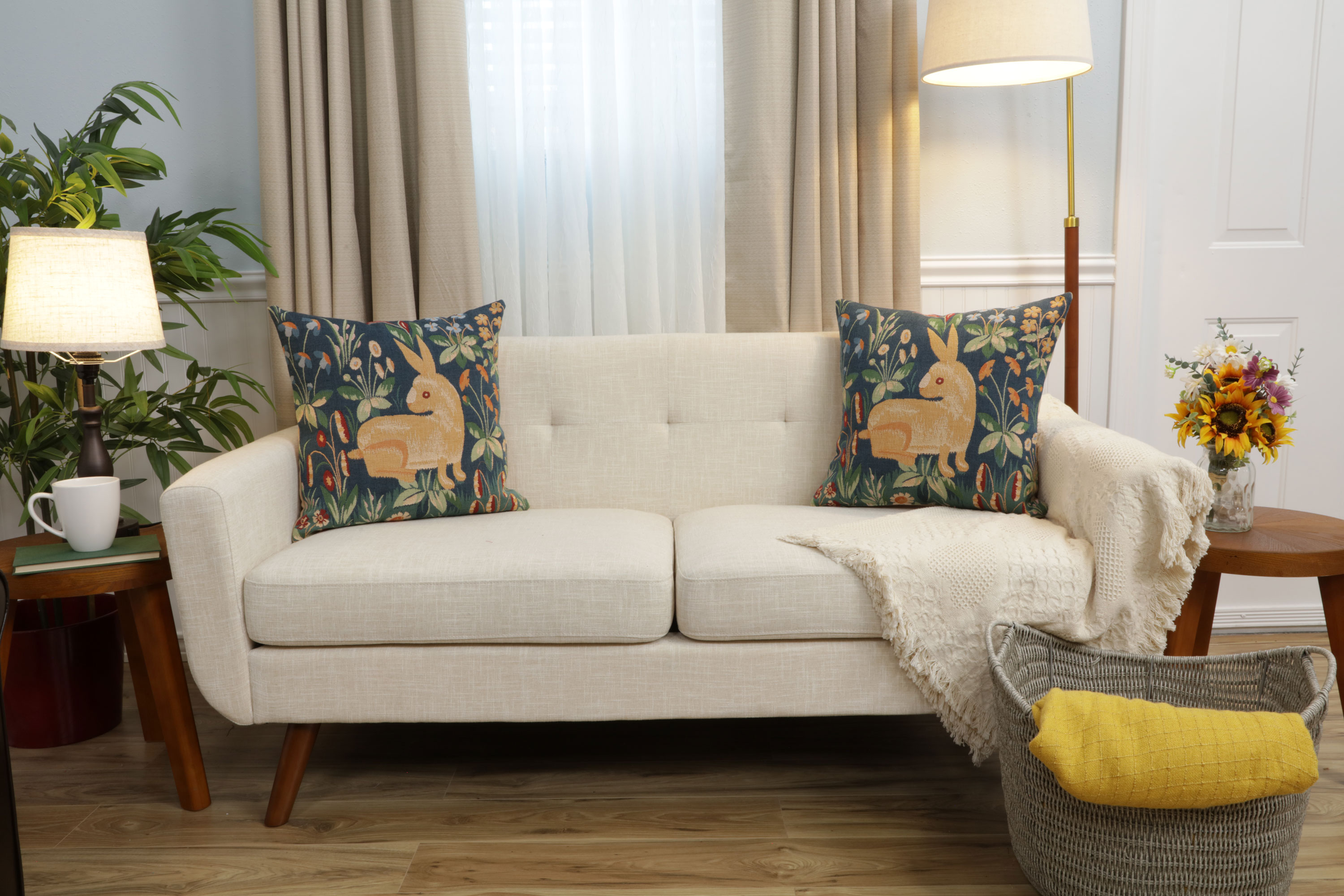 Medieval Rabbit Tapestry Pillow Cover 19x19 Inch Cotton Jacquard Woven Cushion Cover