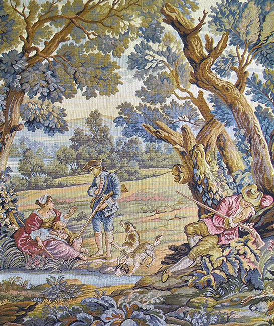 Aubusson Hunters Resting Tapestry Wall Hanging 35 x 29 in Jacquard Woven French Hunting Wall Art
