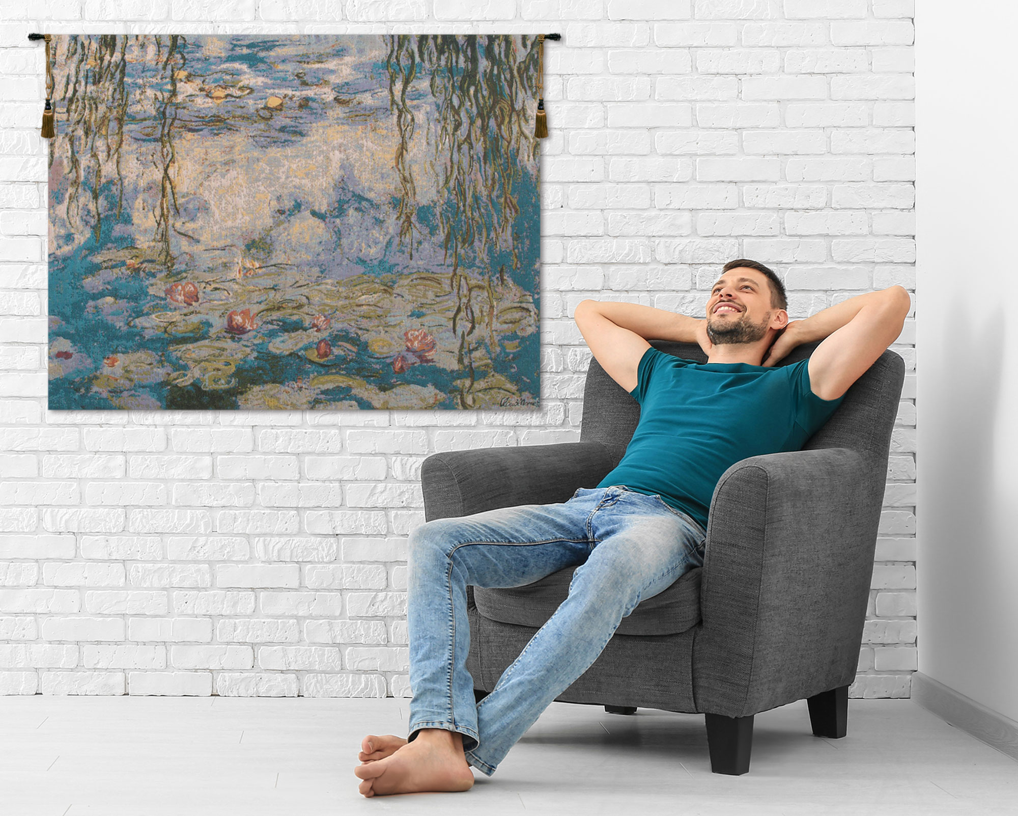 Water Lilies Les Nympheas Belgian Tapestry Wall Hanging 35x55 Inch Cotton Jacquard Woven Wall Tapestry