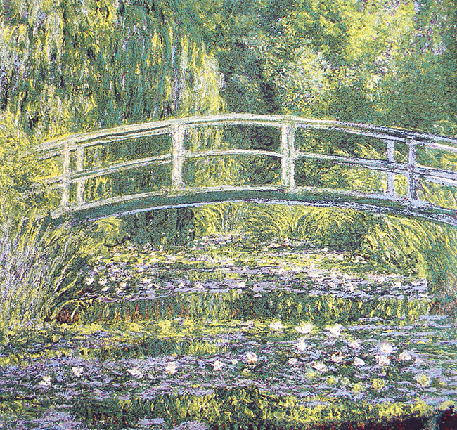 Claude Monet Bridge At Giverny Vintage Tapestry Wall Hanging 27 x 28 in French Impressionist Woven Art