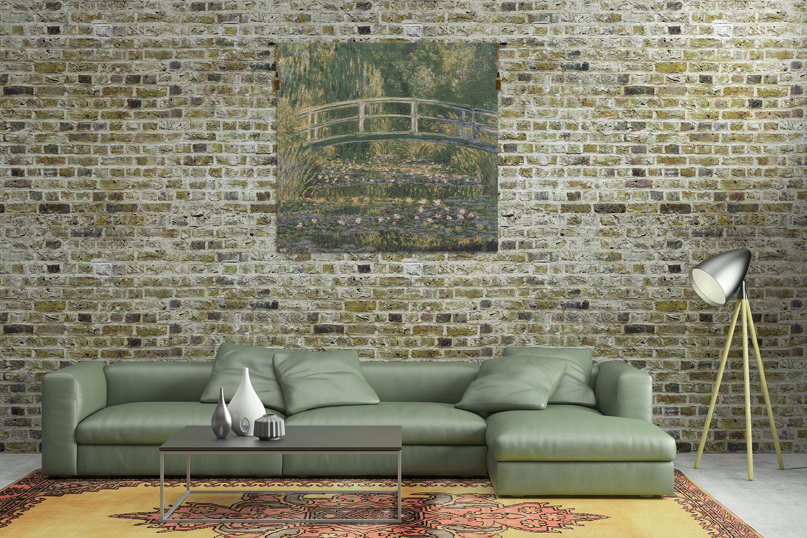 Claude Monet Bridge At Giverny Vintage Tapestry Wall Hanging 27 x 28 in French Impressionist Woven Art