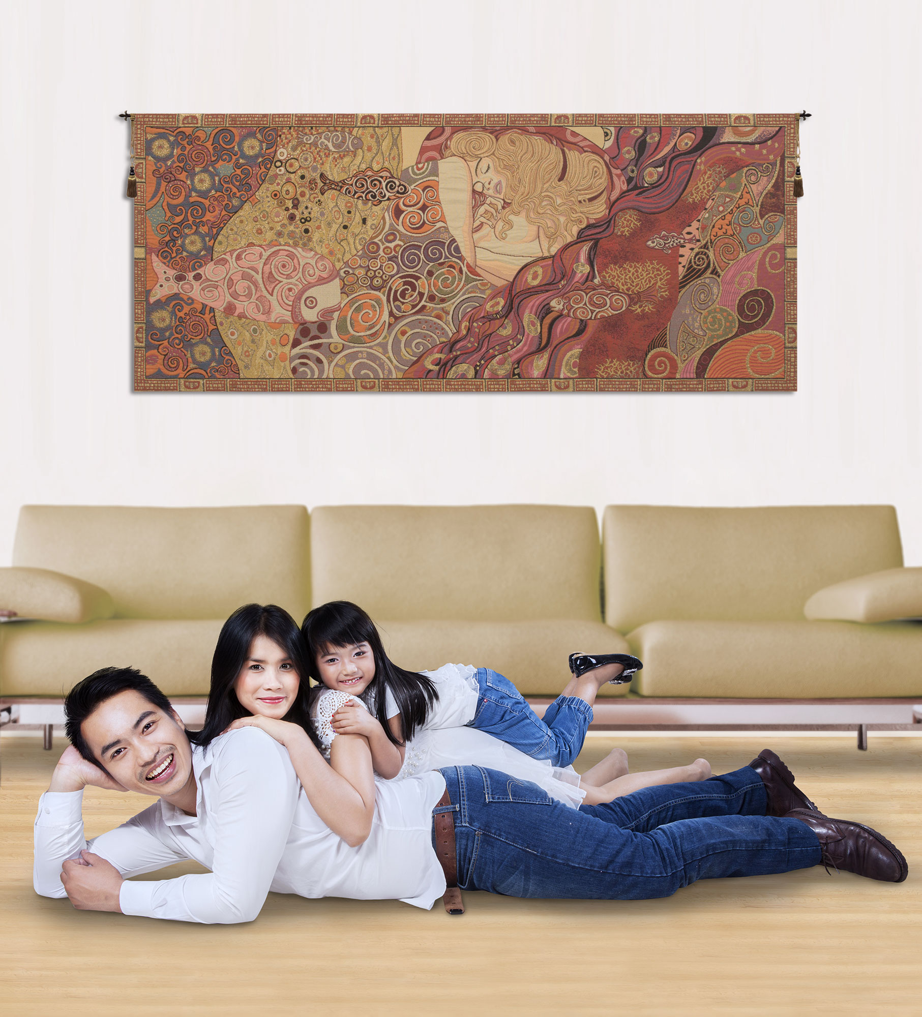 Gustav Klimt Sleeping Danae Vintage Tapestry Wall Hanging 25 x 60 in Art Nouveau Jacquard Woven Wall Art