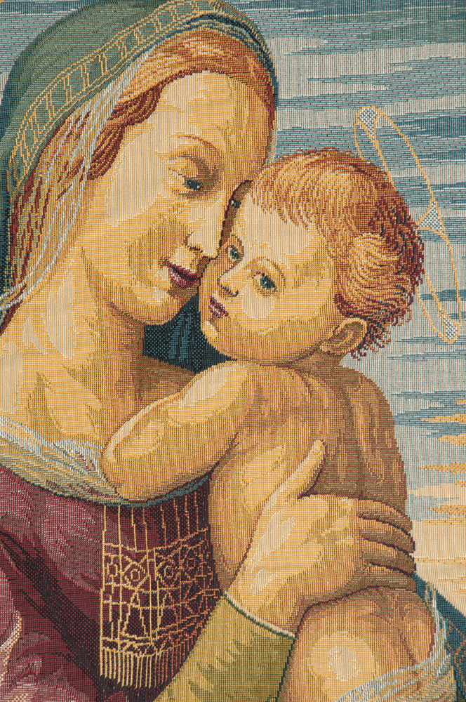 Raphael Madonna with Child Vintage Tapestry Wall Hanging 12 x 8 in Renaissance Christian Jacquard Woven Wall Art