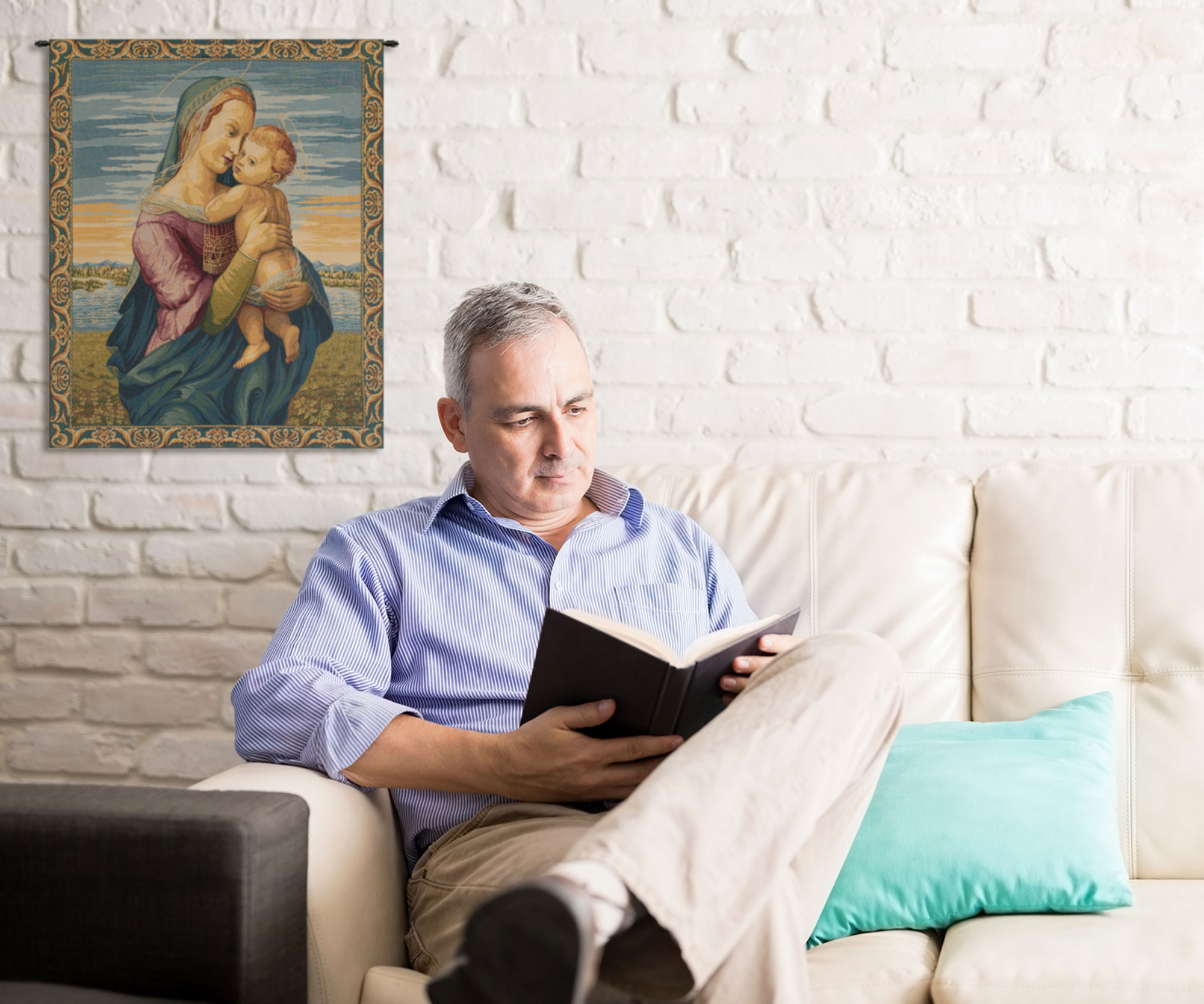 Raphael Madonna with Child Vintage Tapestry Wall Hanging 12 x 8 in Renaissance Christian Jacquard Woven Wall Art