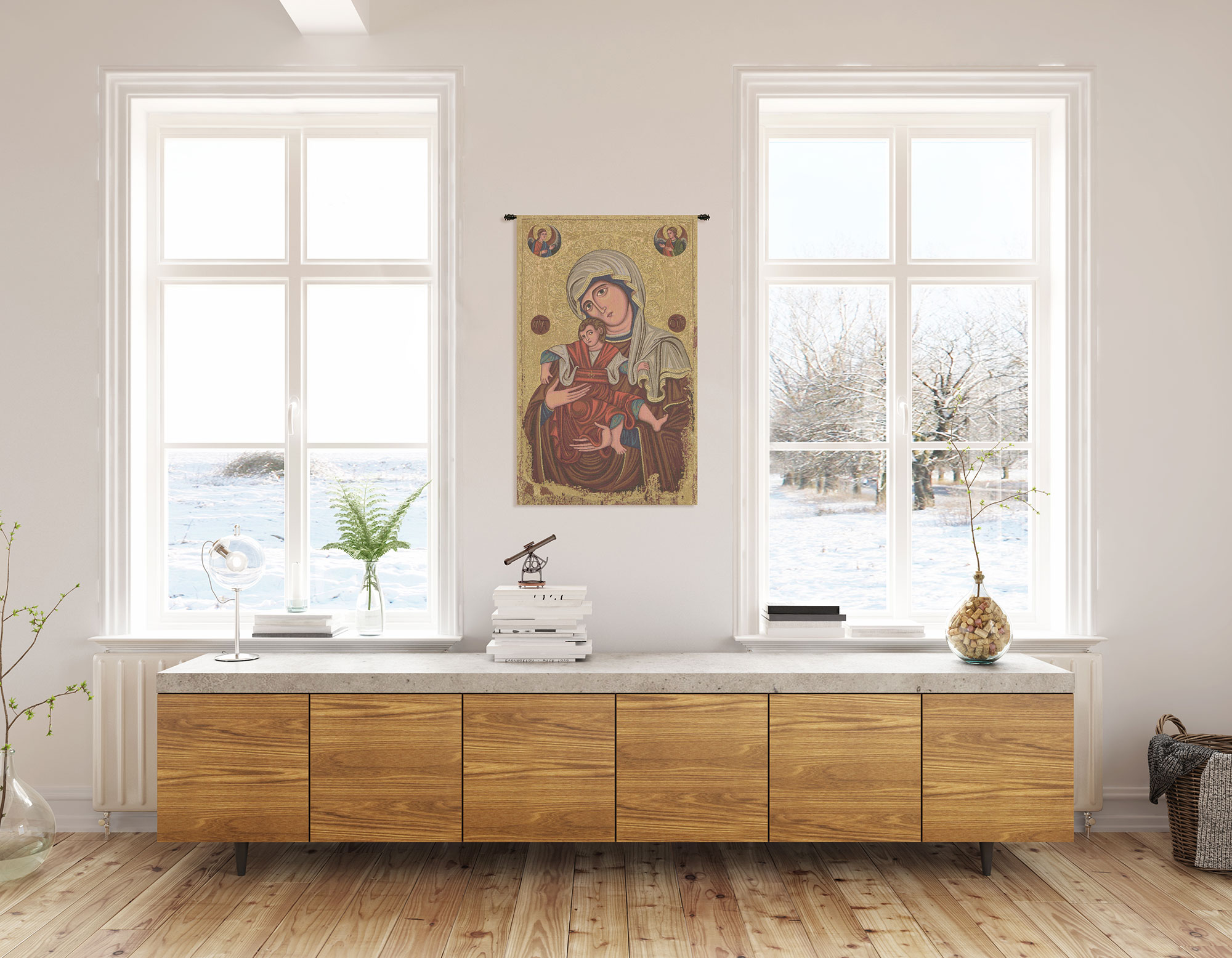 Alberto Passini Madonna Vittorie Religious Tapestry Wall Hanging 21 x 13 in Christian Jacquard Woven Wall Art