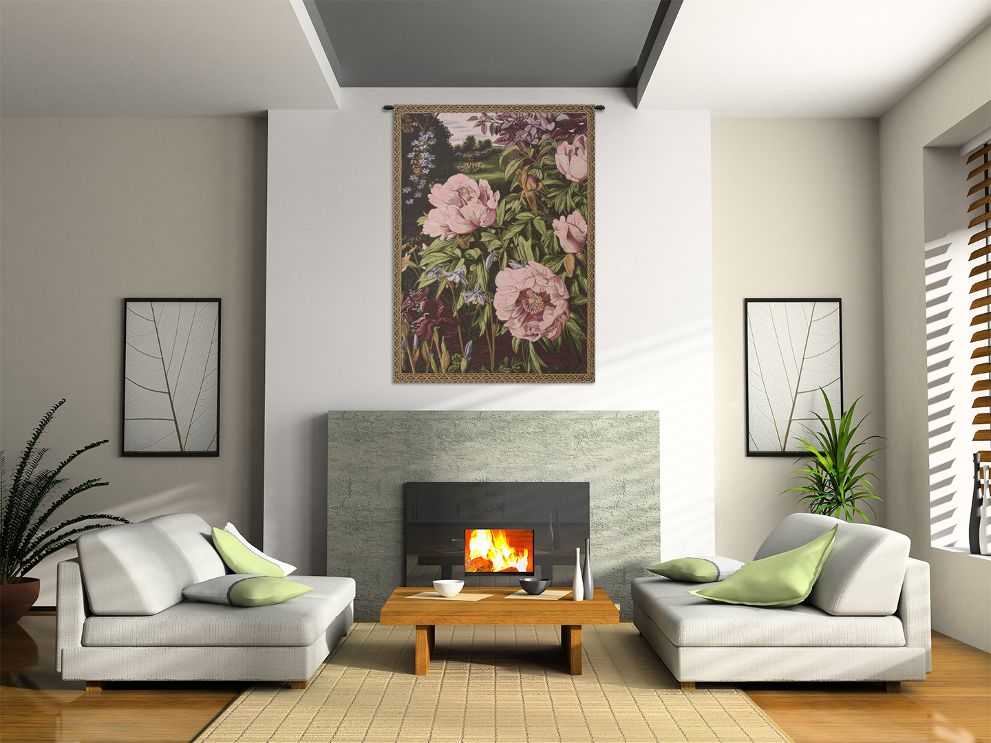 Alberto Passini Pink Peonies Italian Tapestry Wall Hanging 35x25 Inch Cotton Jacquard Woven Wall Tapestry