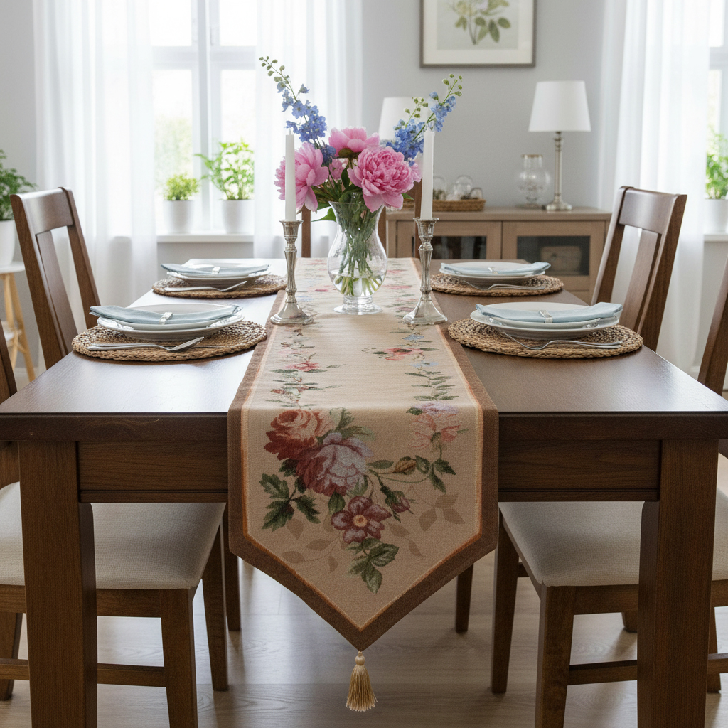 French Floral Roses Jacquard Woven Table Runner 72x14 Inch Traditional French Floral Decor