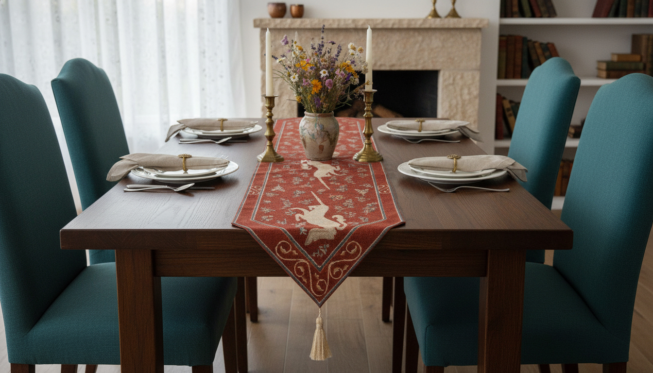 Licorne II Medieval French Jacquard Table Runner 34x14 Inch Unicorn Tapestry Dining Decor