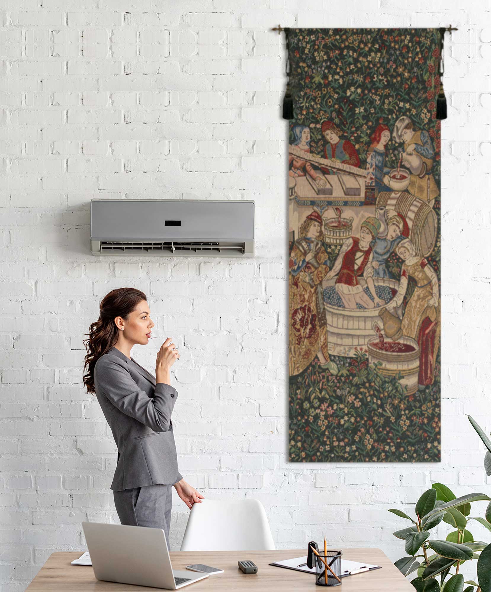 Medieval Vendage Portiere Left Side Small Tapestry Wall Hanging 47 x 16 in Jacquard Woven Wall Decor