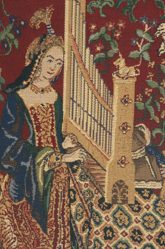 Medieval Lady and the Organ II Vintage Tapestry Wall Hanging 42 x 33 in French Woven Wall Decor