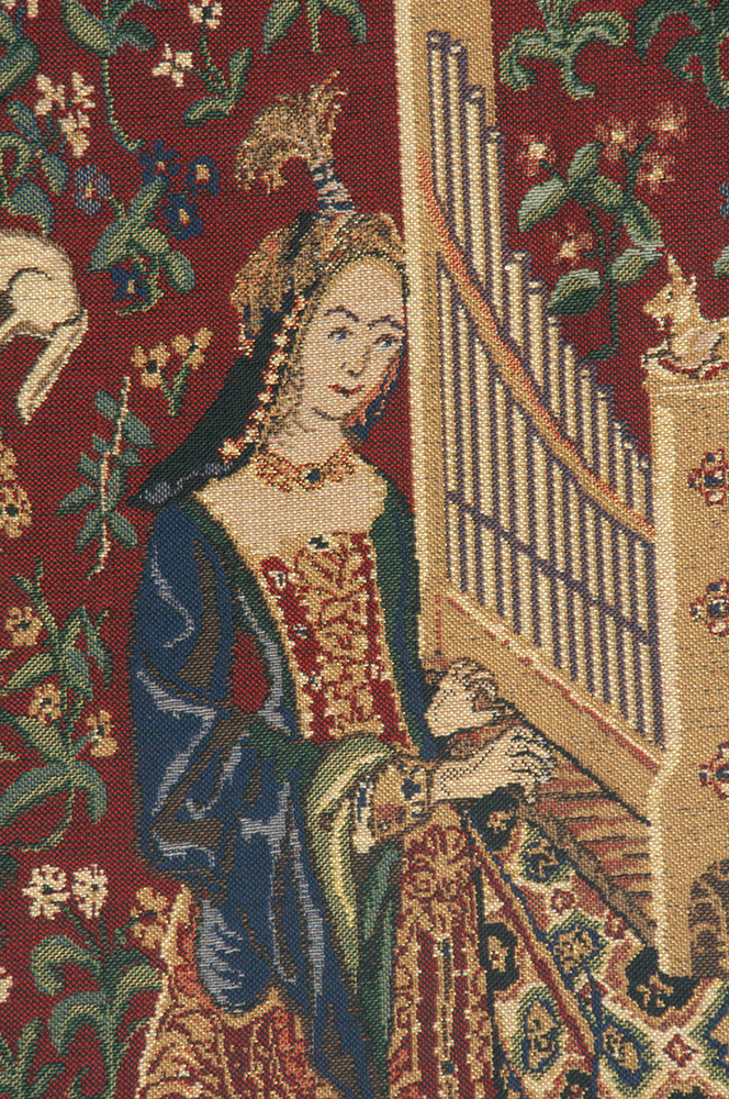 Medieval Lady and the Organ III Vintage Tapestry Wall Hanging 27 x 16 in French Woven Wall Decor