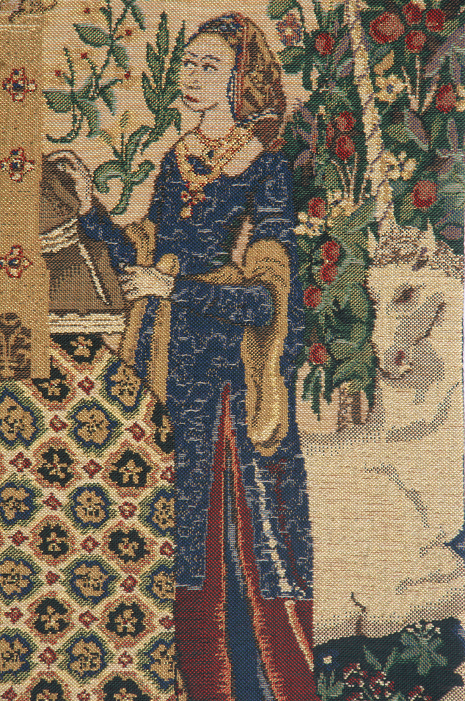 Medieval Lady & the Organ Beige Vintage Tapestry Wall Hanging 27 x 16 in French Woven Wall Decor