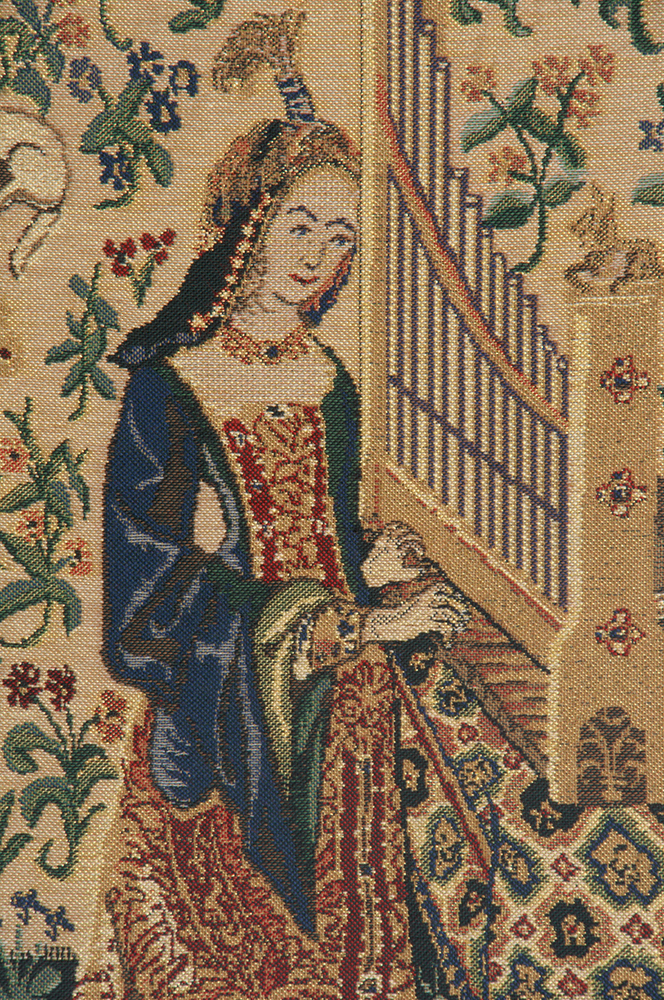 Medieval Lady & the Organ Beige Vintage Tapestry Wall Hanging 27 x 16 in French Woven Wall Decor