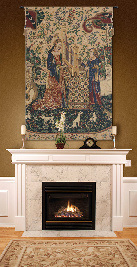 Medieval Lady & the Organ Beige Vintage Tapestry Wall Hanging 27 x 16 in French Woven Wall Decor