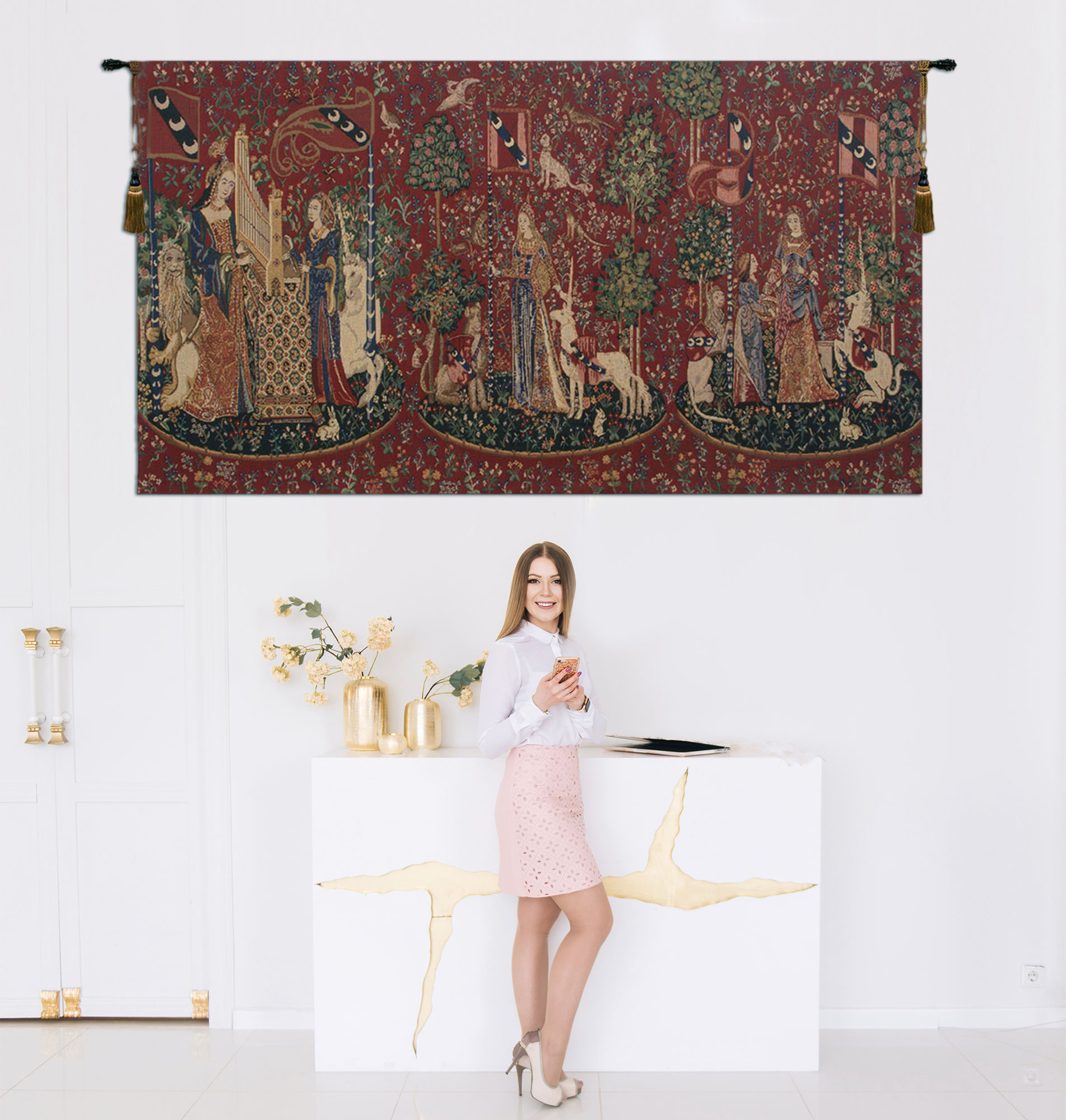 Medieval Lady & the Unicorn Series Vintage Tapestry Wall Hanging 32 x 58 in French Jacquard Woven Decor