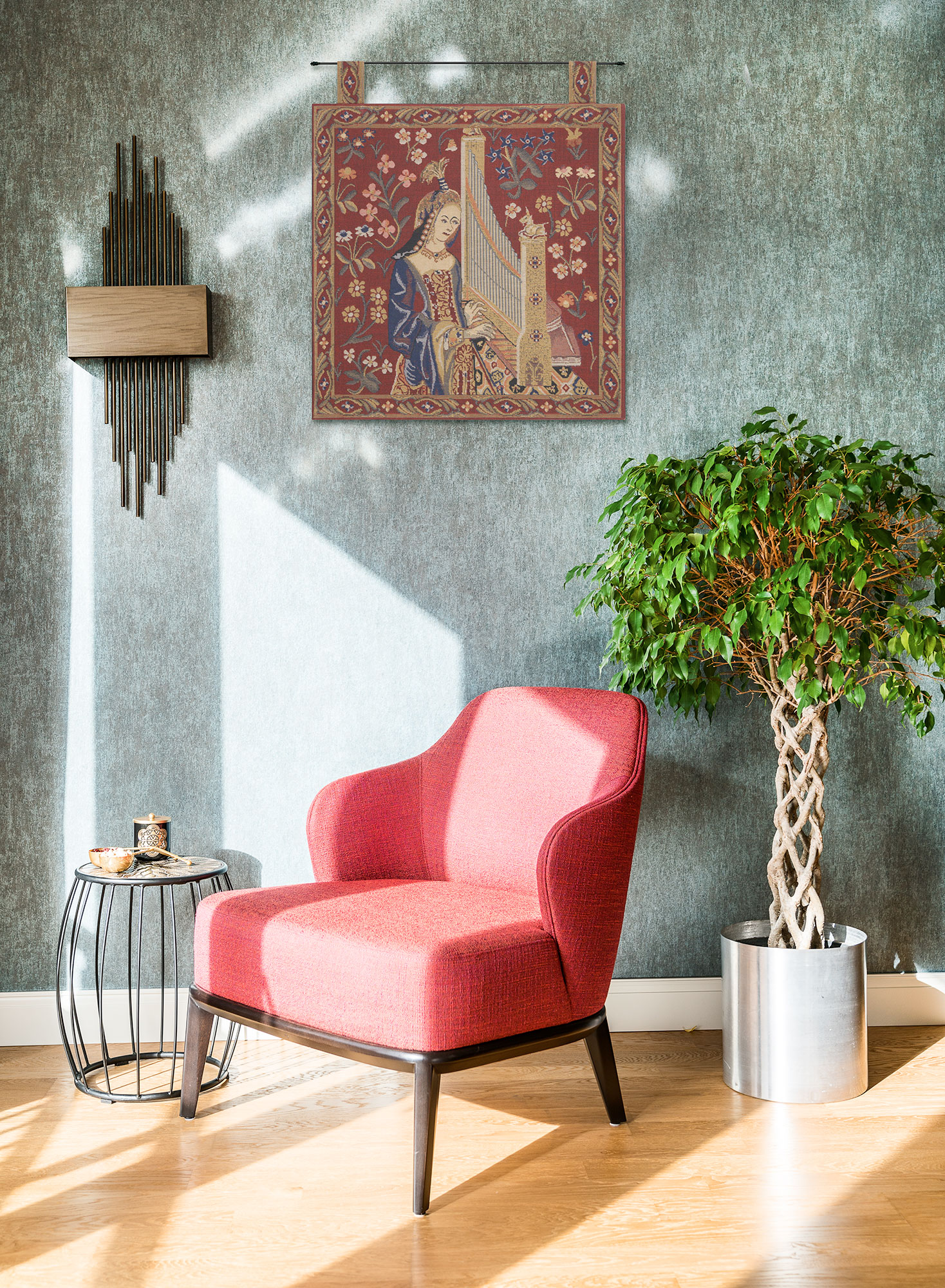 Medieval Louie with Loops Vintage Tapestry Wall Hanging 19 x 19 in French Jacquard Woven Wall Decor