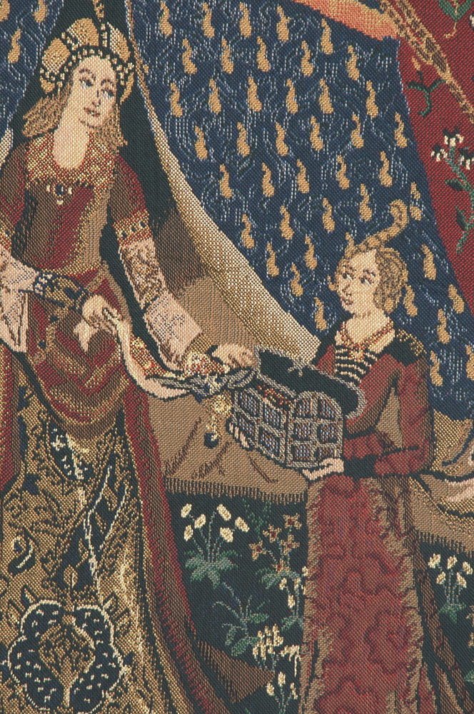 Medieval Lady and the Unicorn Vintage Tapestry Wall Hanging 33 x 44 in French Jacquard Woven Wall Decor