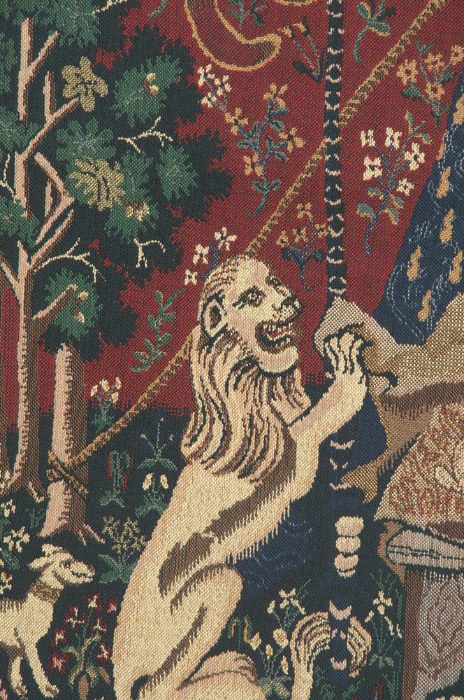 Medieval Lady and the Unicorn Vintage Tapestry Wall Hanging 33 x 44 in French Jacquard Woven Wall Decor