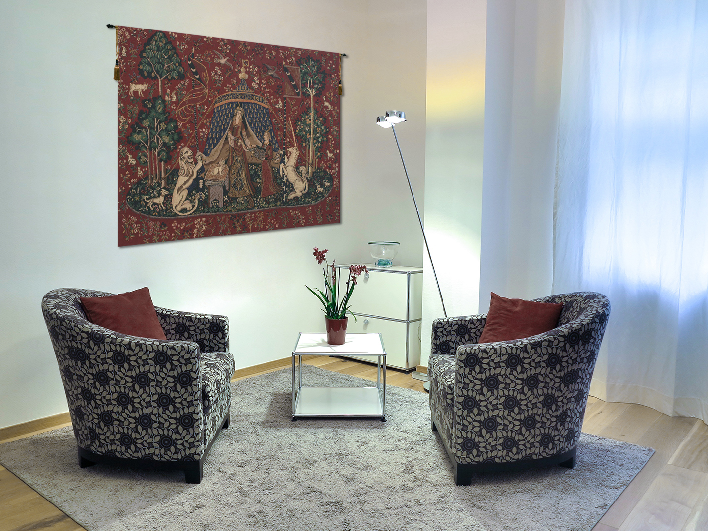 Medieval Lady and the Unicorn Vintage Tapestry Wall Hanging 33 x 44 in French Jacquard Woven Wall Decor