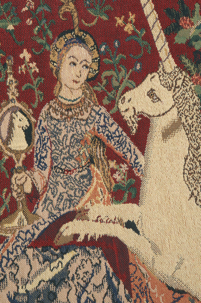 Medieval Lady & the Mirror Vintage Tapestry Wall Hanging 33 x 38 in French Unicorn Series Wall Decor